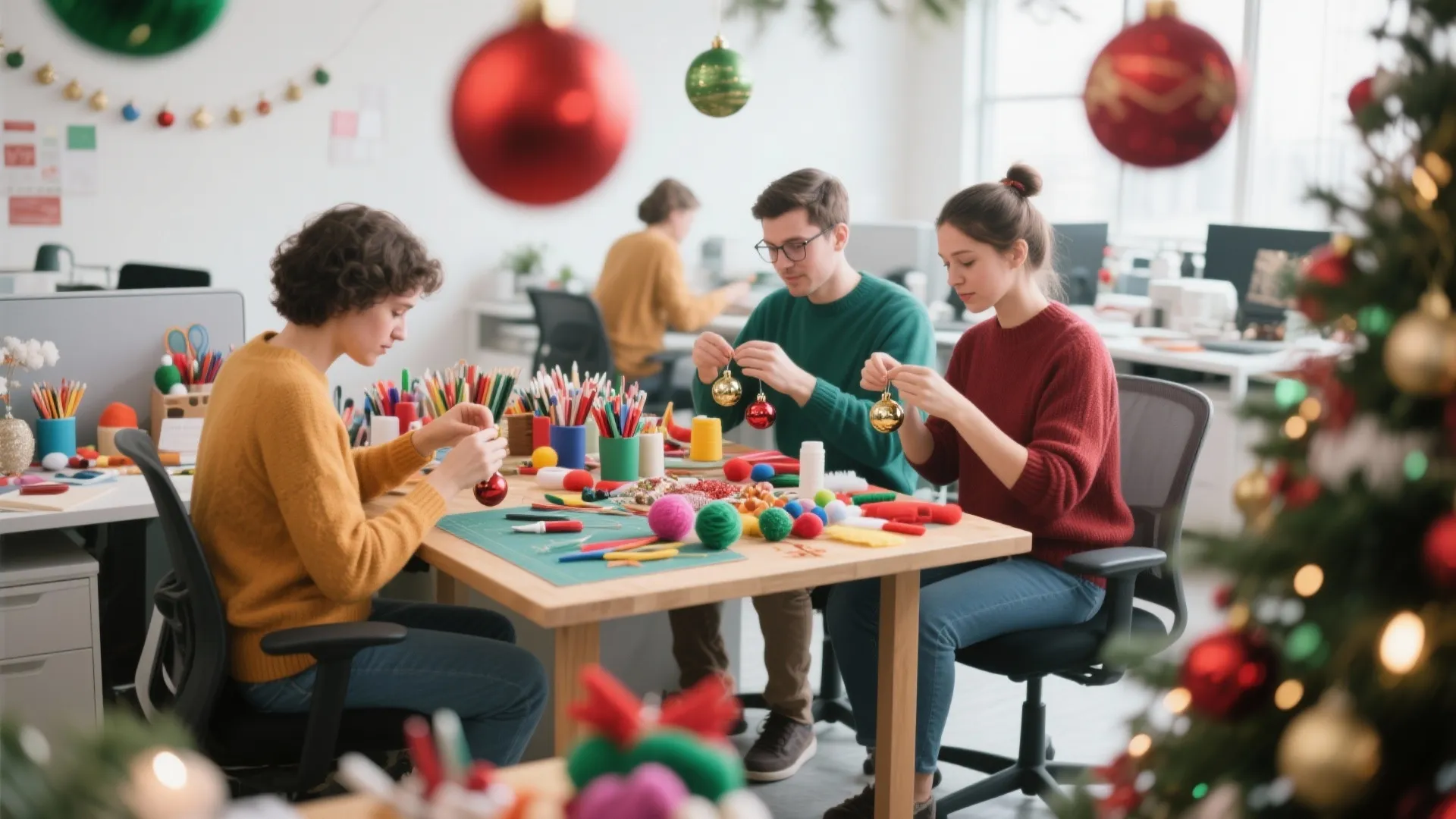 Three people sitting at a wooden table making holiday decorations in a bright office studio