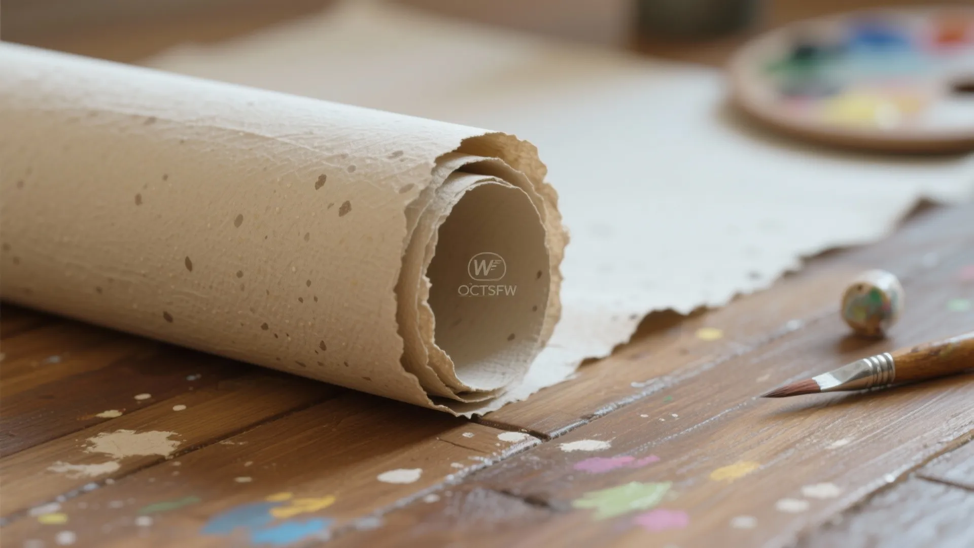 Macro detail of craft paper roll on a wood floor with small paint specks and tools.