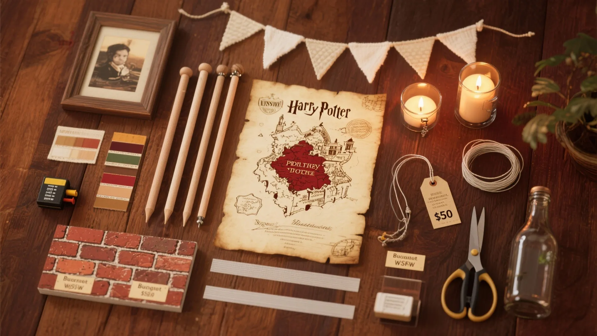 Top-down flatlay of printable map, adhesive hooks, fabric swatches, battery tea lights, and thrifted bottles for renter-friendly Harry Potter crafts.