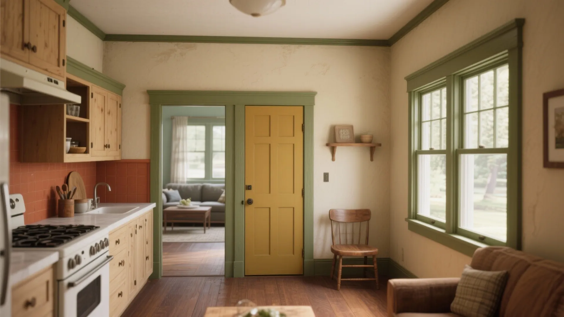Cozy kitchen interior with green window frames yellow door wooden cabinets and a small stove