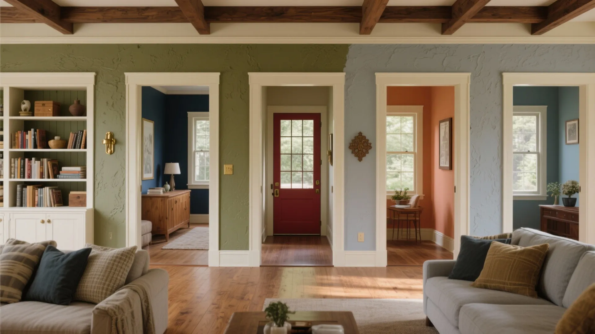 Interior view showing multiple rooms with green blue and orange walls and a red front door