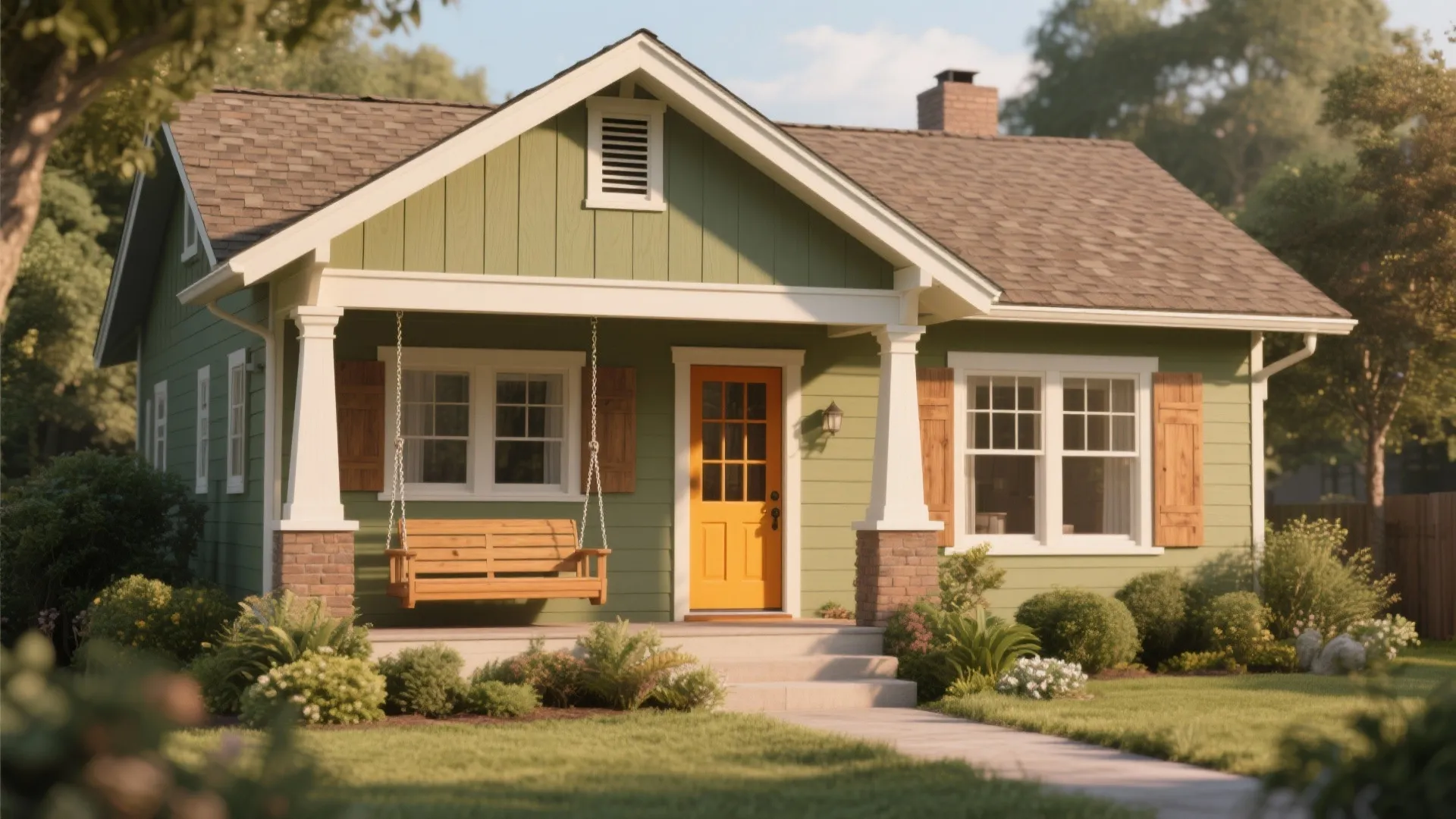 Green craftsman house with front porch swing and orange front door surrounded by green lawn