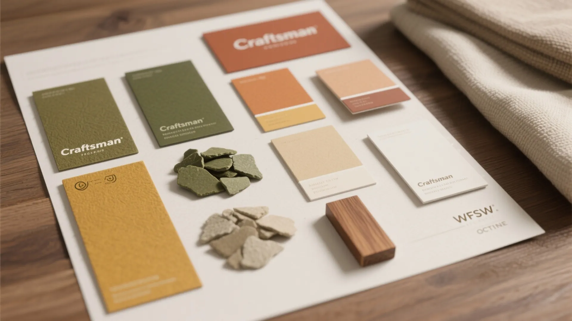 Interior design mood board showing various color swatches material samples and small wood pieces together