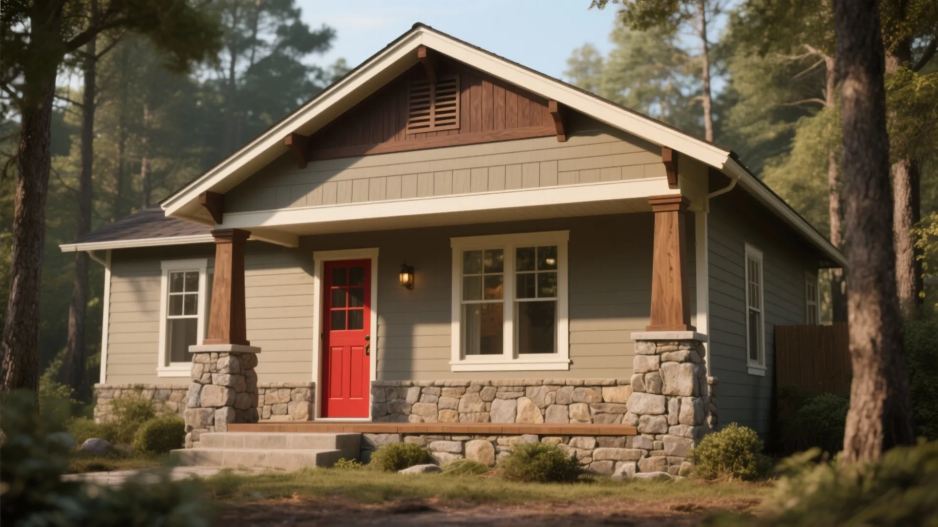 Small green house with a red front door wooden porch columns and stone base walls