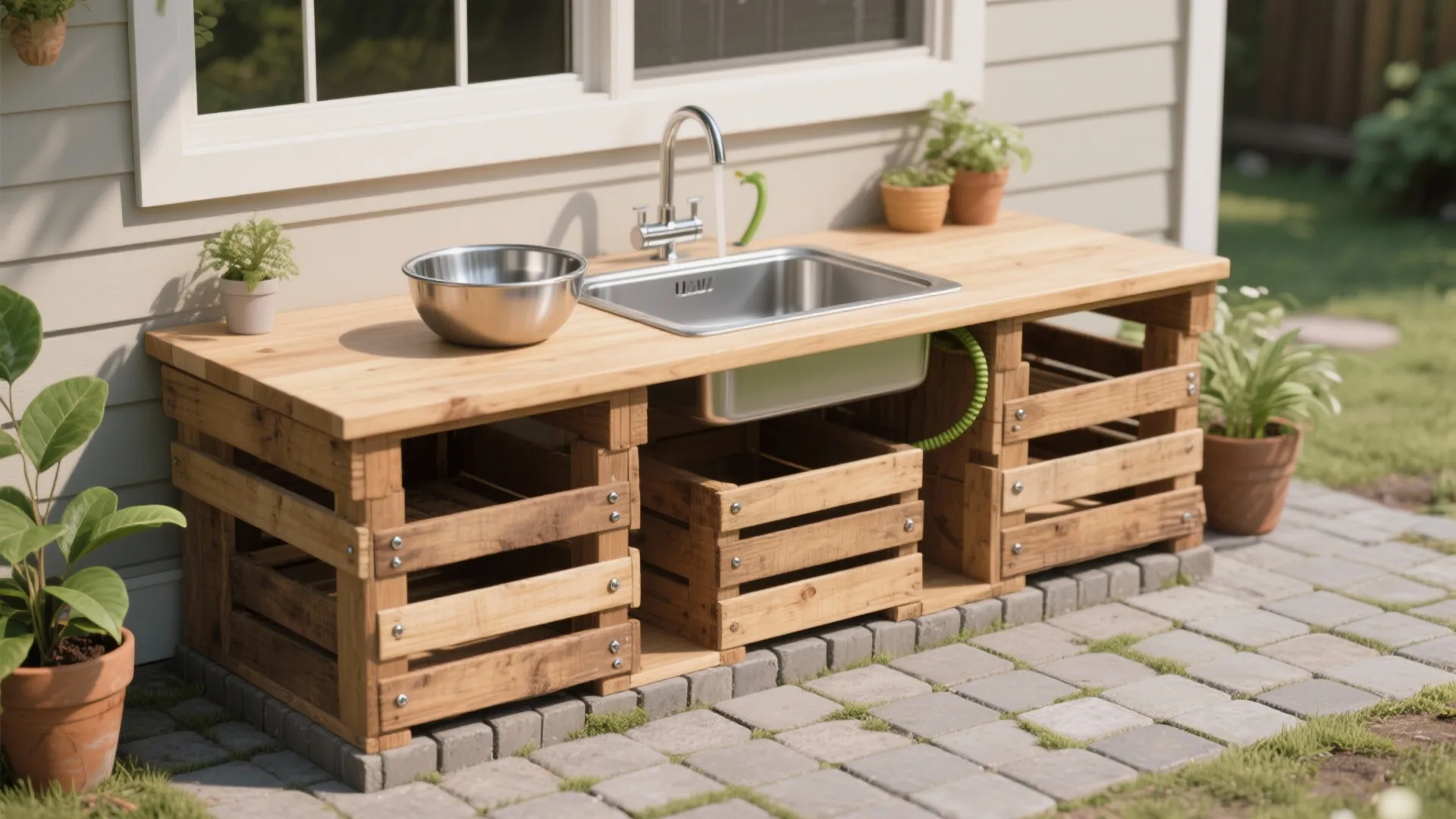 Stacked wooden crates under a sealed cedar counter with drop-in stainless bowl sink