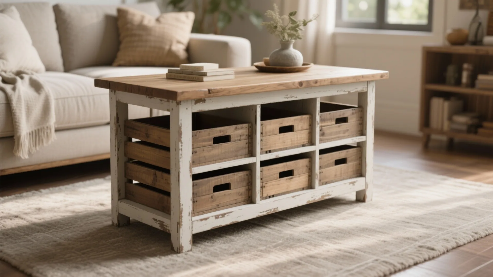 White coffee table with wood top and storage crates in a bright living room with sofa