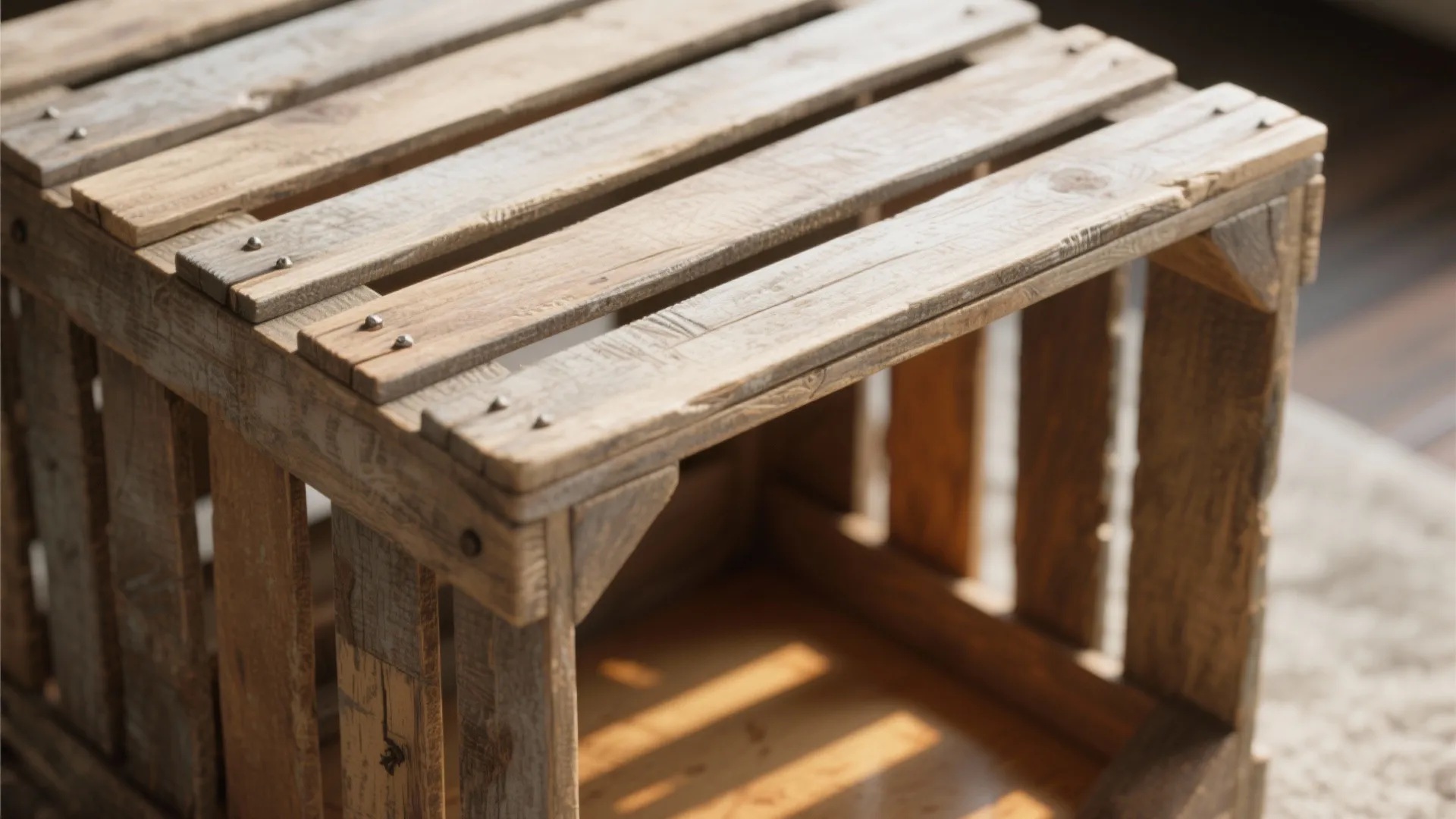 Close up view of a handmade rustic wooden crate used as a small side table