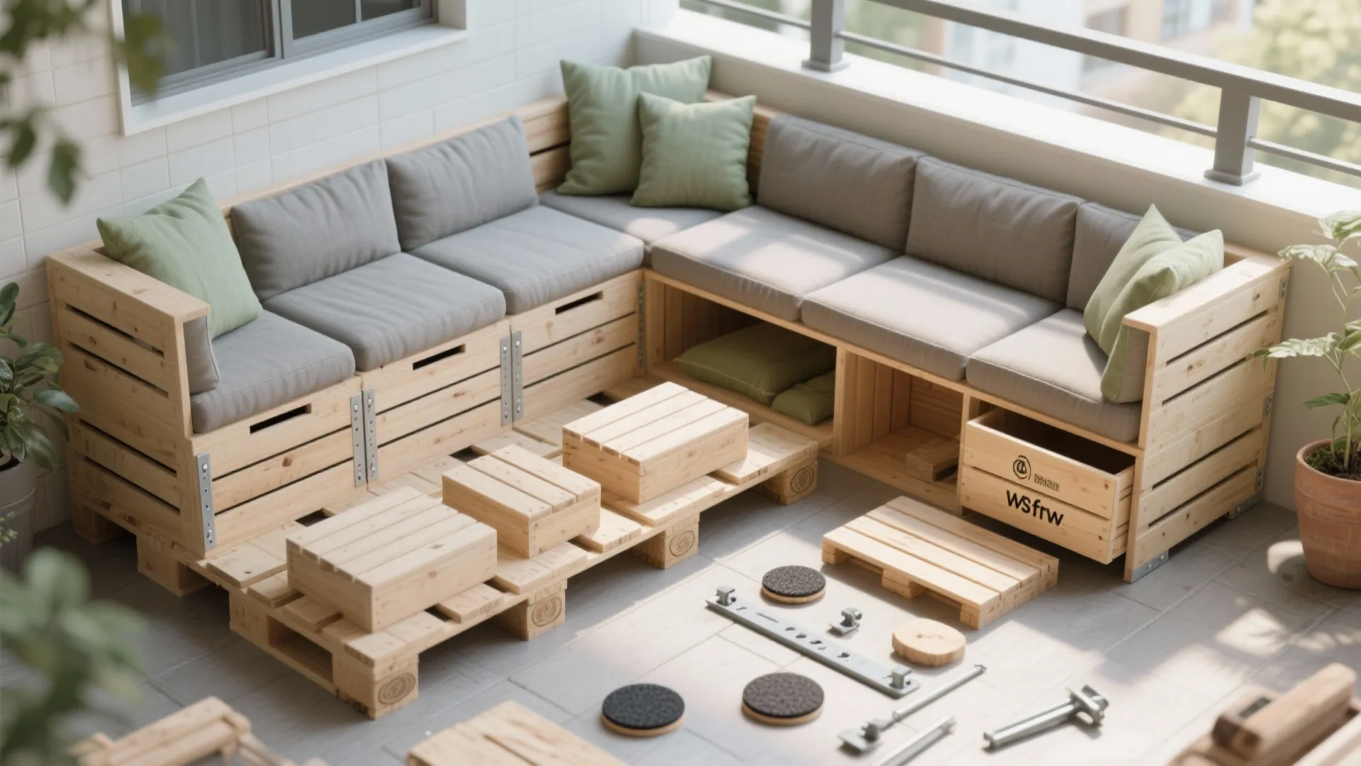 Wooden pallet sofa with grey cushions and green pillows on a balcony with assembly parts