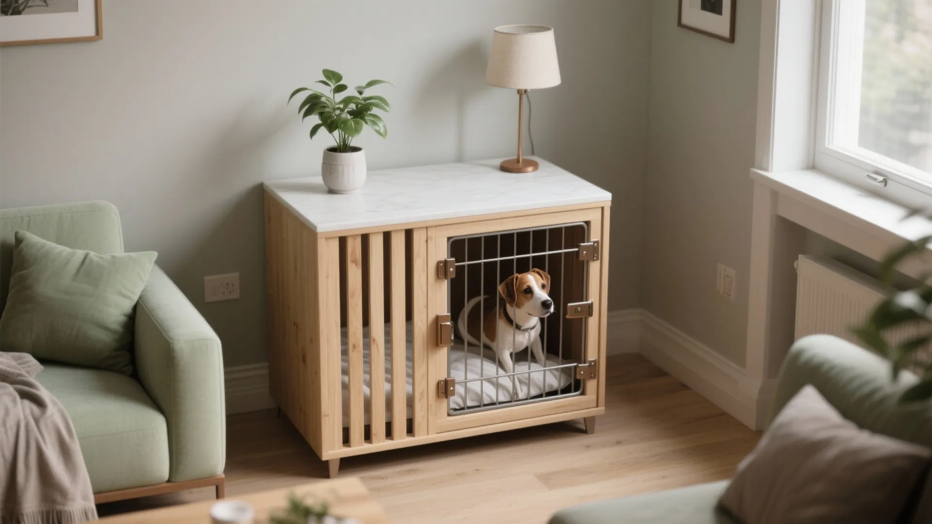 Wooden dog crate side table with white marble top sitting between two green fabric sofas