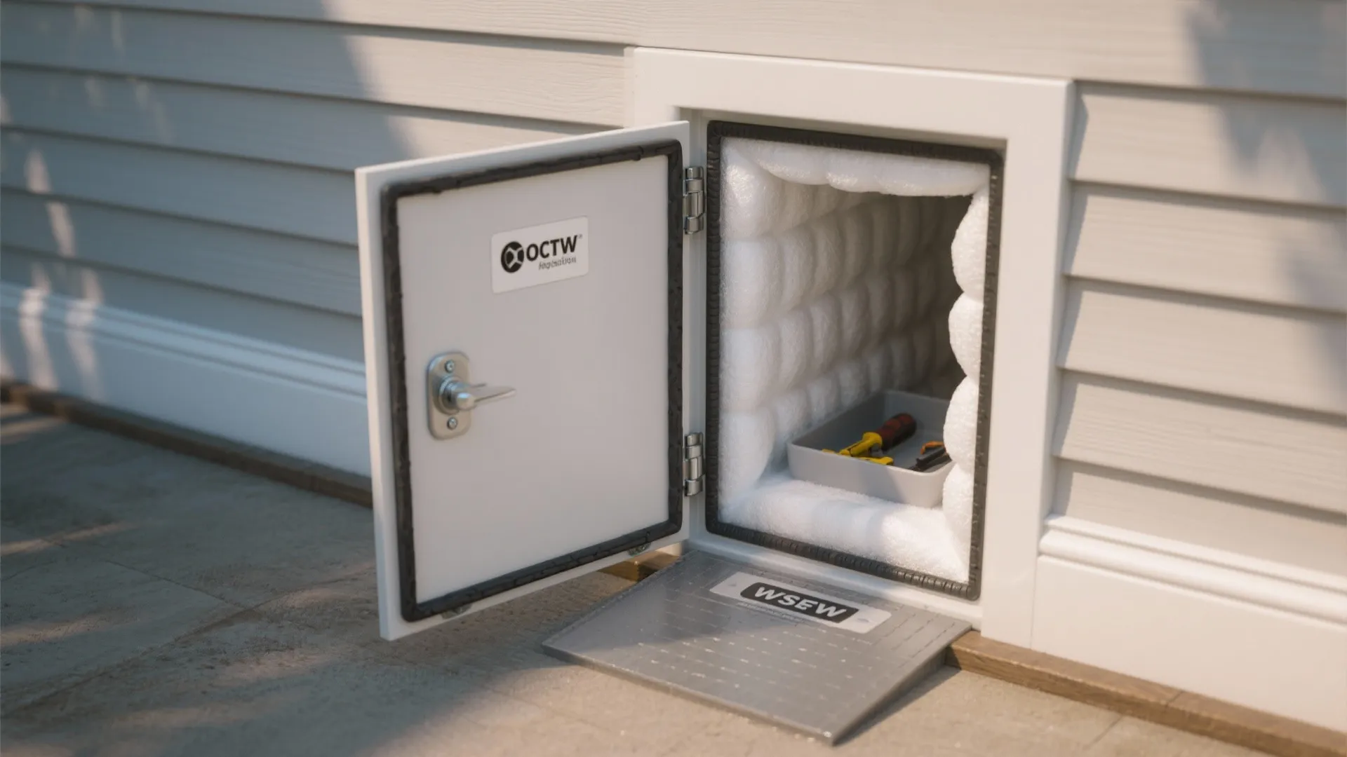 White outdoor wall access door open showing insulated interior with small tools on the floor