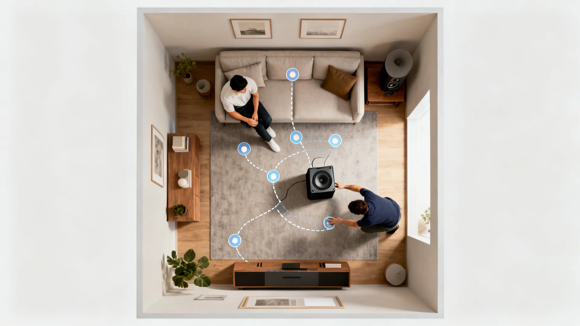 Top-down view showing the crawl method with someone moving a subwoofer around while another listens.
