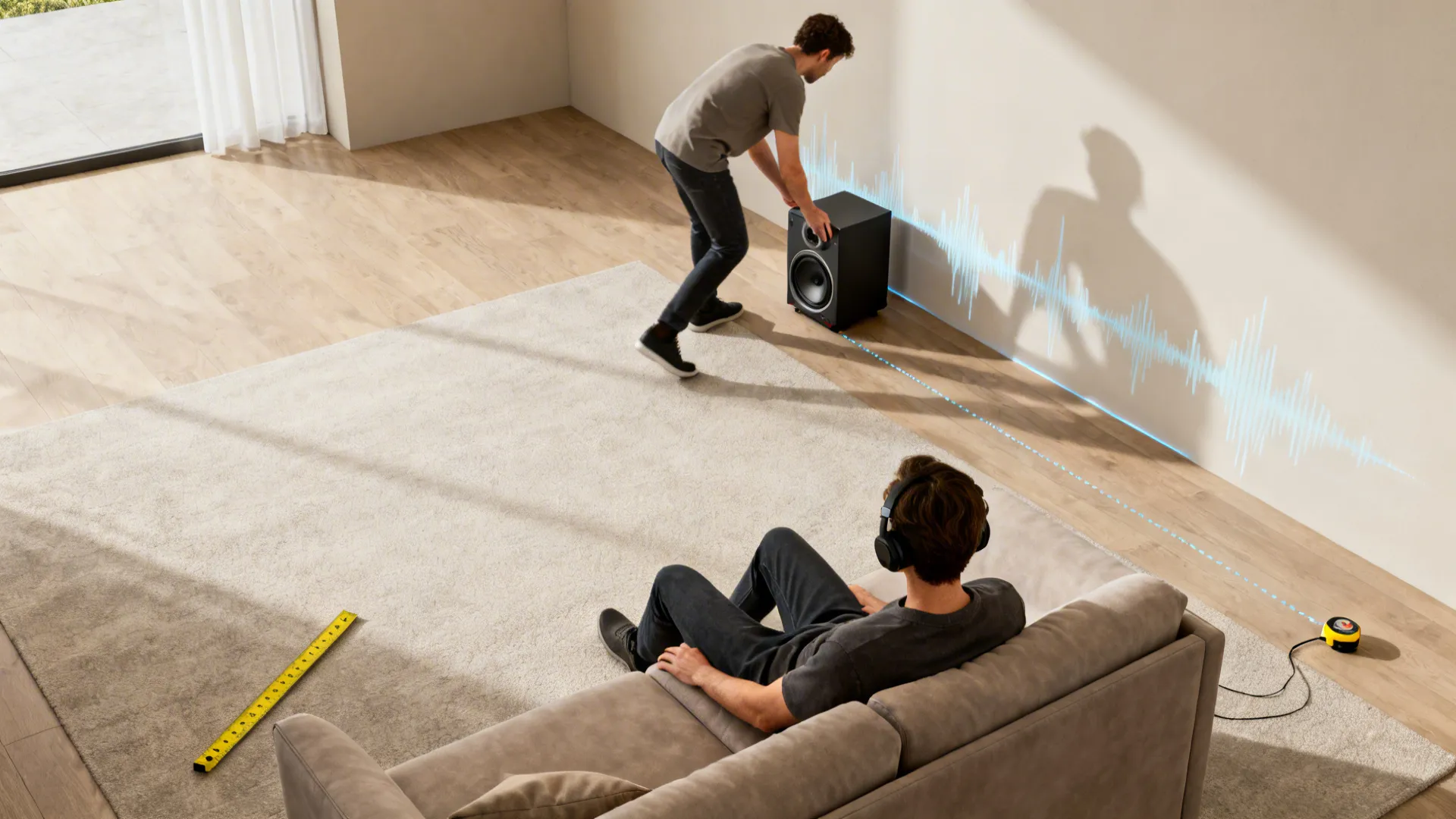 Man placing black speaker against wall while another person on sofa wears headphones in room