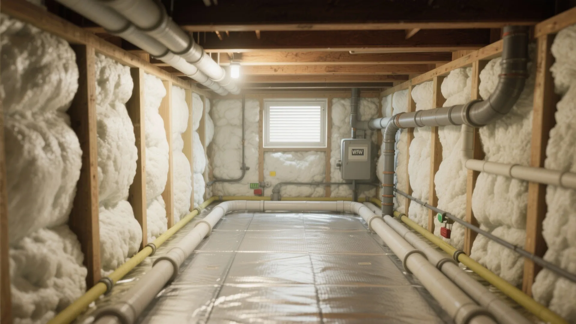 Basement crawl space with white spray foam insulation on walls pipes and a small window area