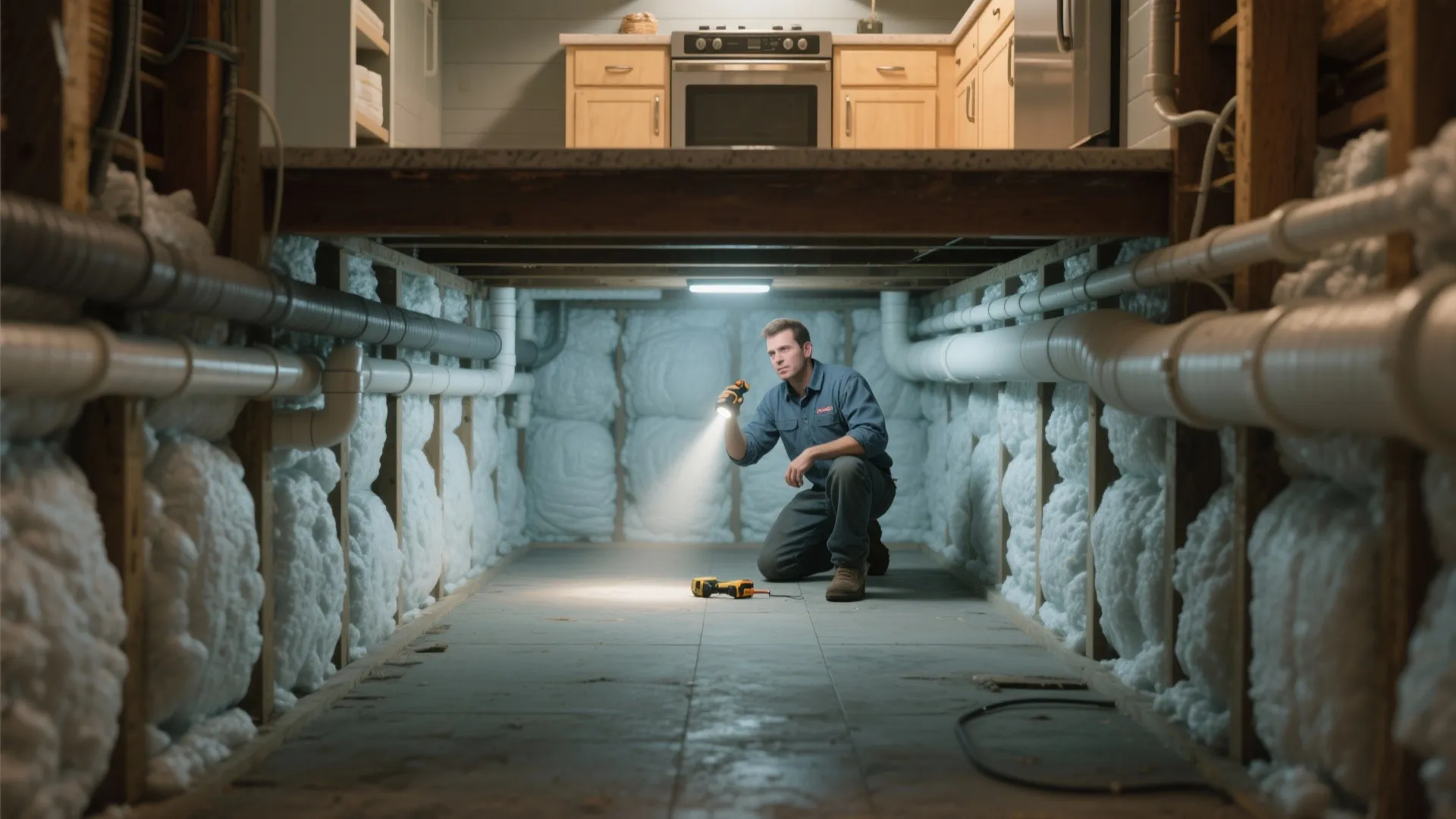 Man using flashlight to inspect spray foam insulation in a narrow basement crawl space area