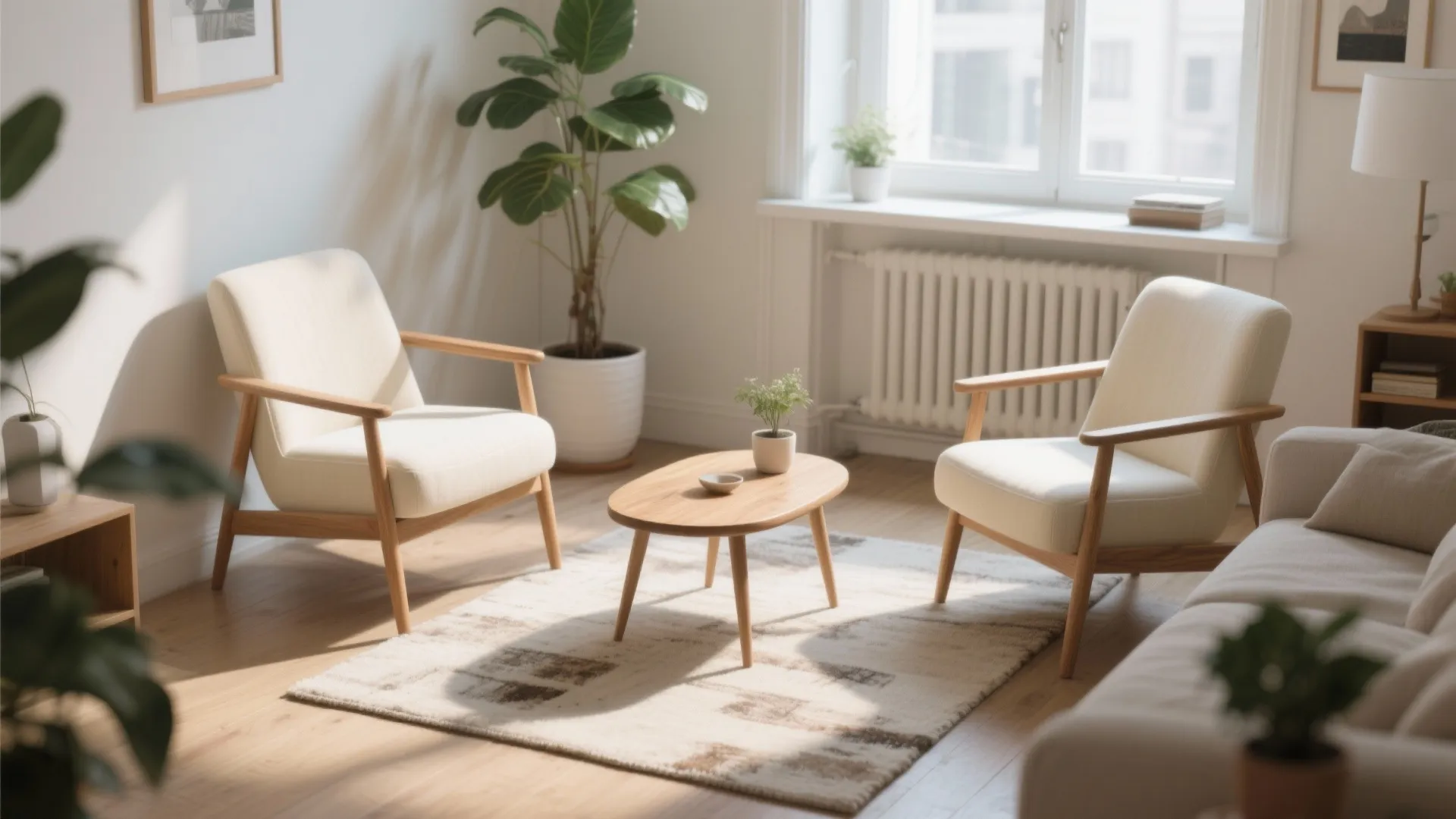 Two cream chairs with wooden frames facing a small wooden coffee table on a rug