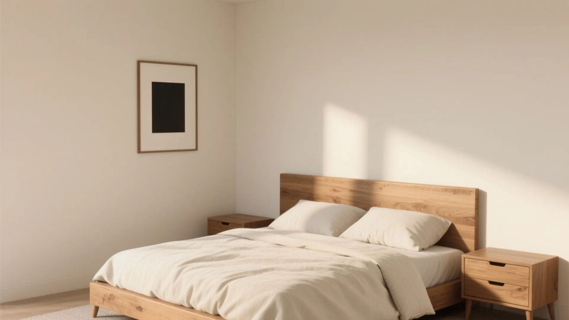 4. Cream Accent Wall with Warm Wood Furniture