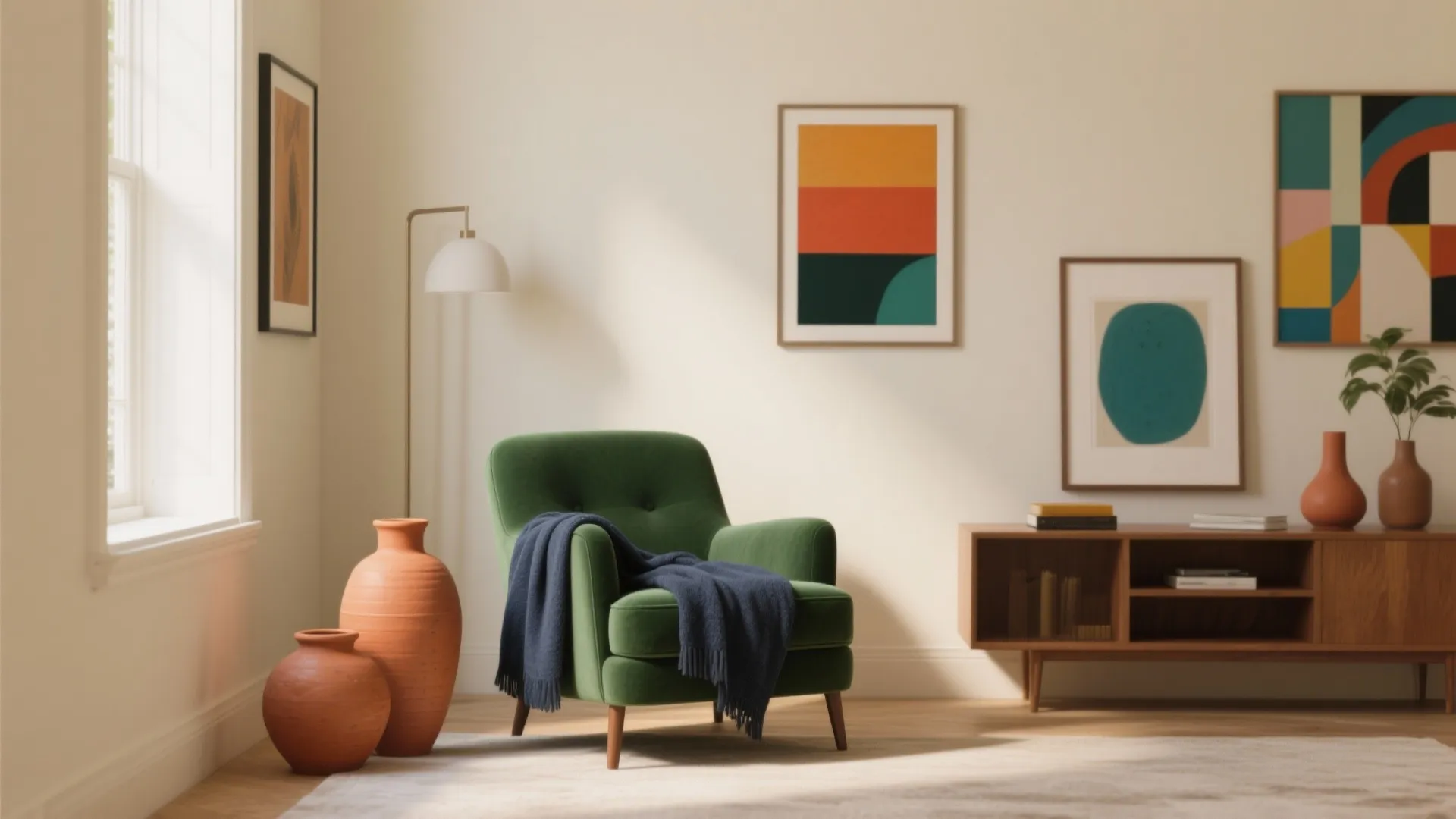 Cream-walled room with bold accents: deep green chair, navy textiles and terracotta accessories.