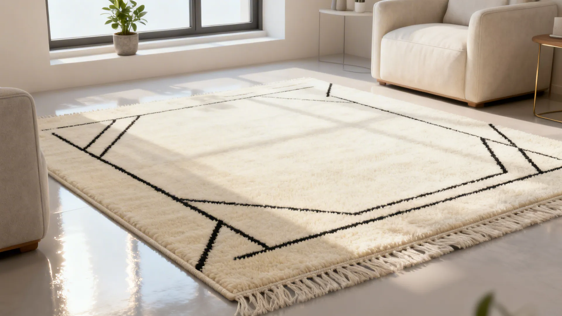 Bright small living room with a cream rug and subtle black accents that reflect light.