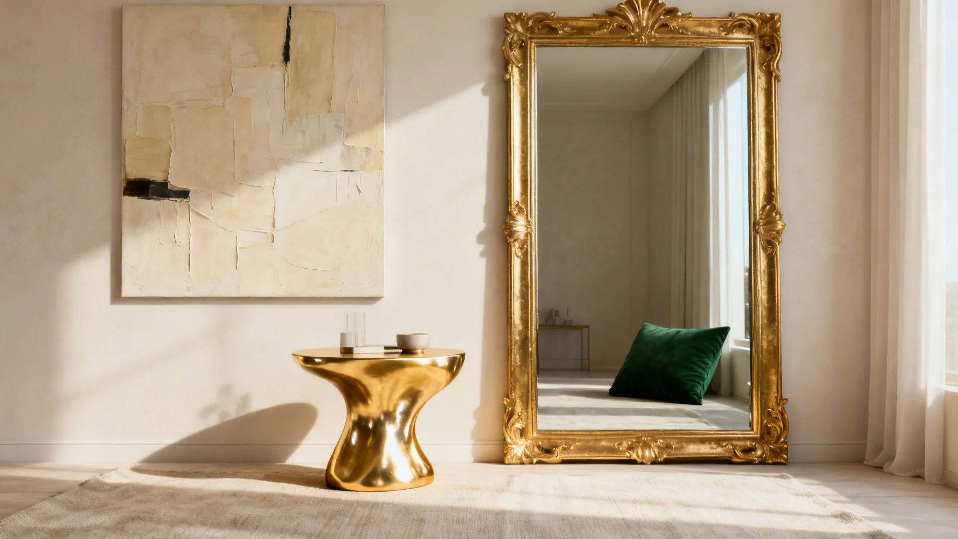 Cream-toned abstract artwork with a large gold-framed mirror and a gold side table.