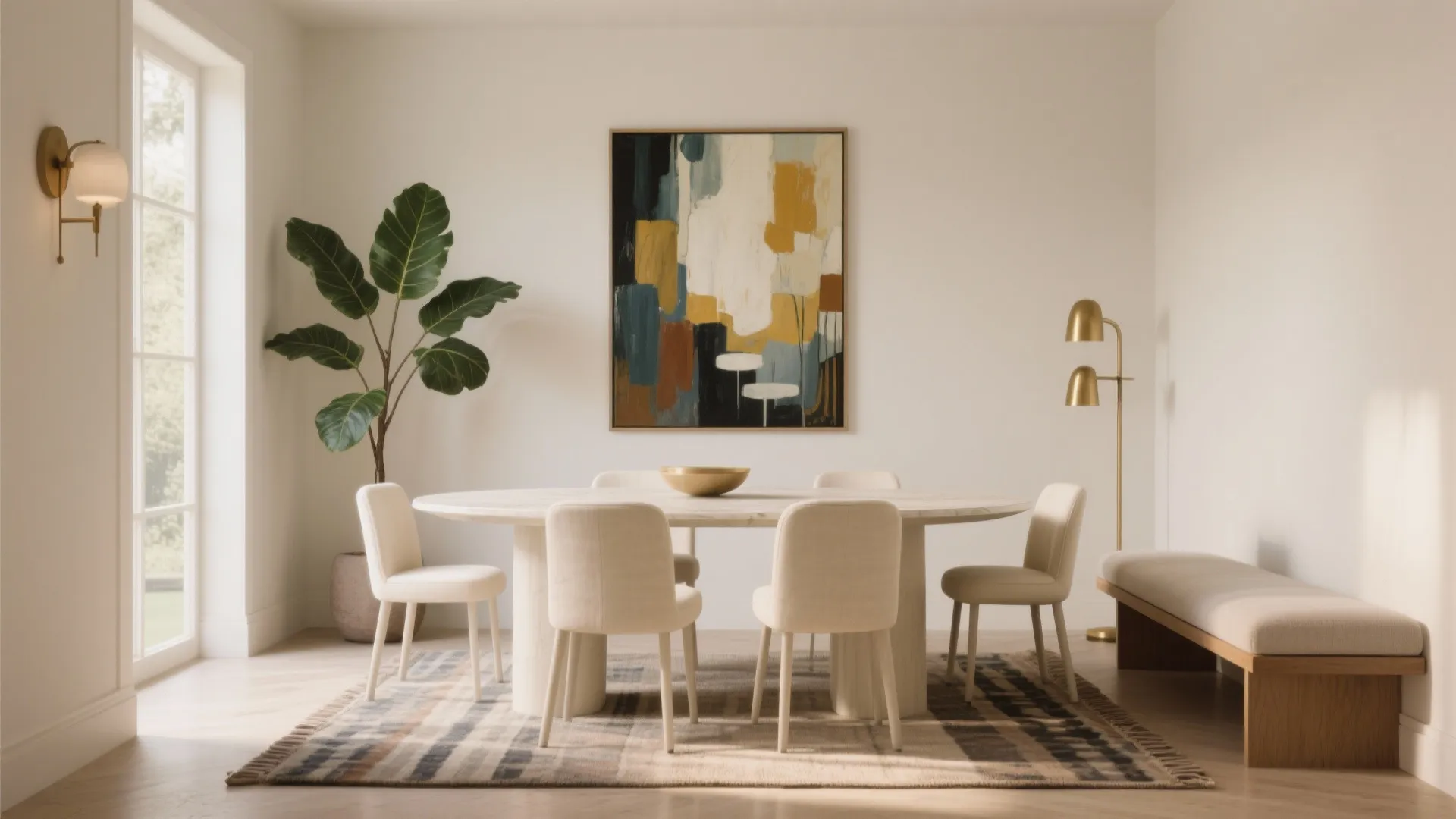 Cream dining set anchored by a bold painting and a tall fiddle leaf fig in a small dining corner.