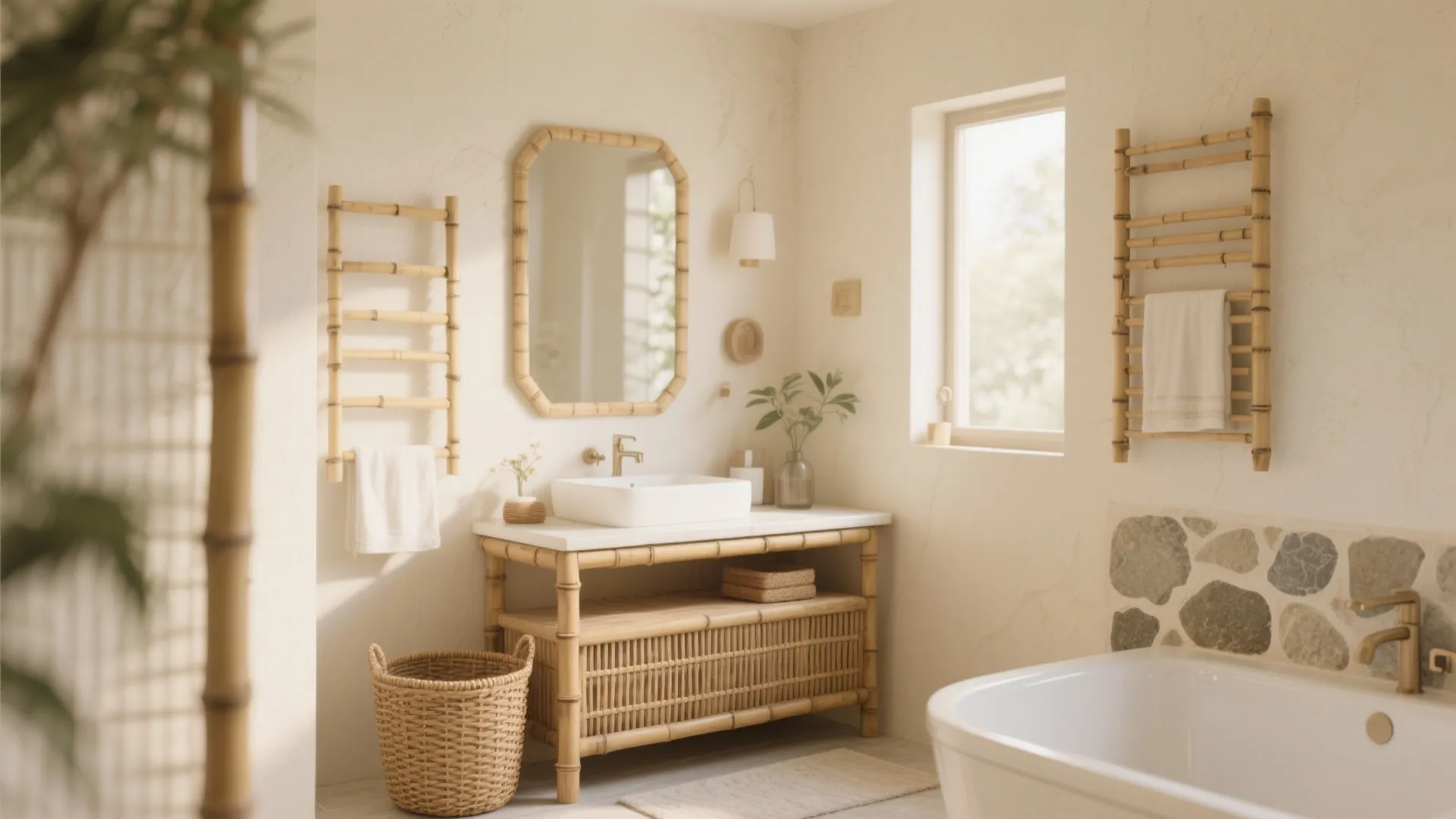 Cream bathroom with bamboo vanity mirror and shelves white sink bathtub and woven laundry basket basket