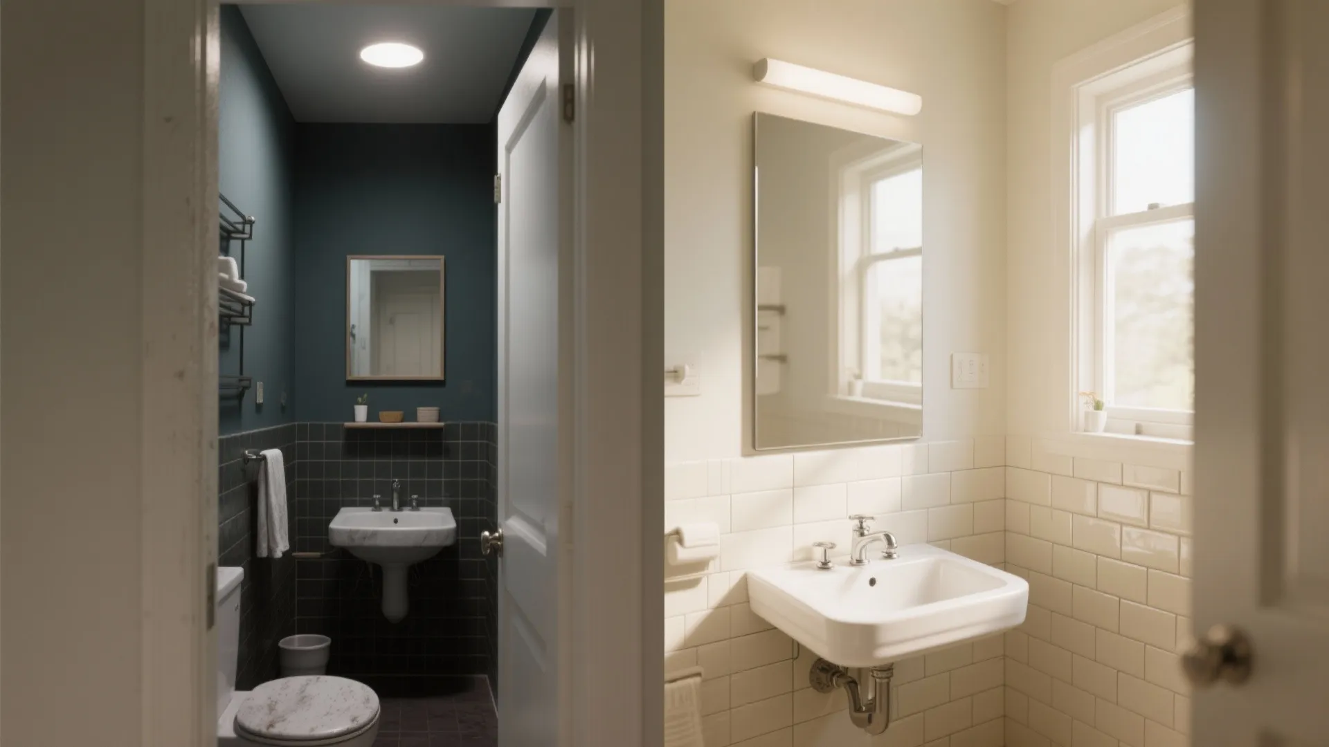 Before and after comparison of dark small bathroom versus bright white bathroom with new wall tiles