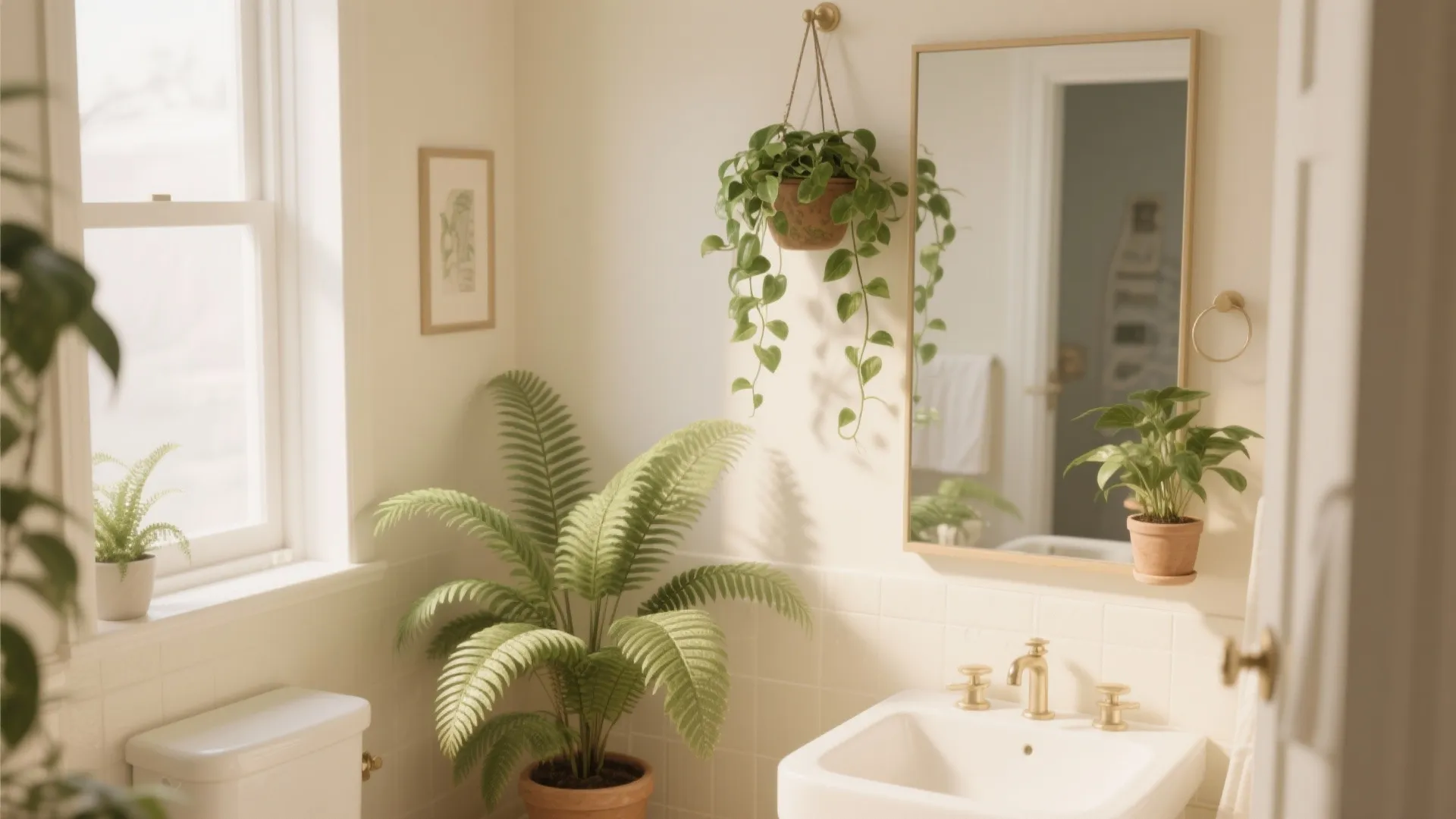 Cream bathroom featuring white sink gold faucets mirror and green plants near a bright window