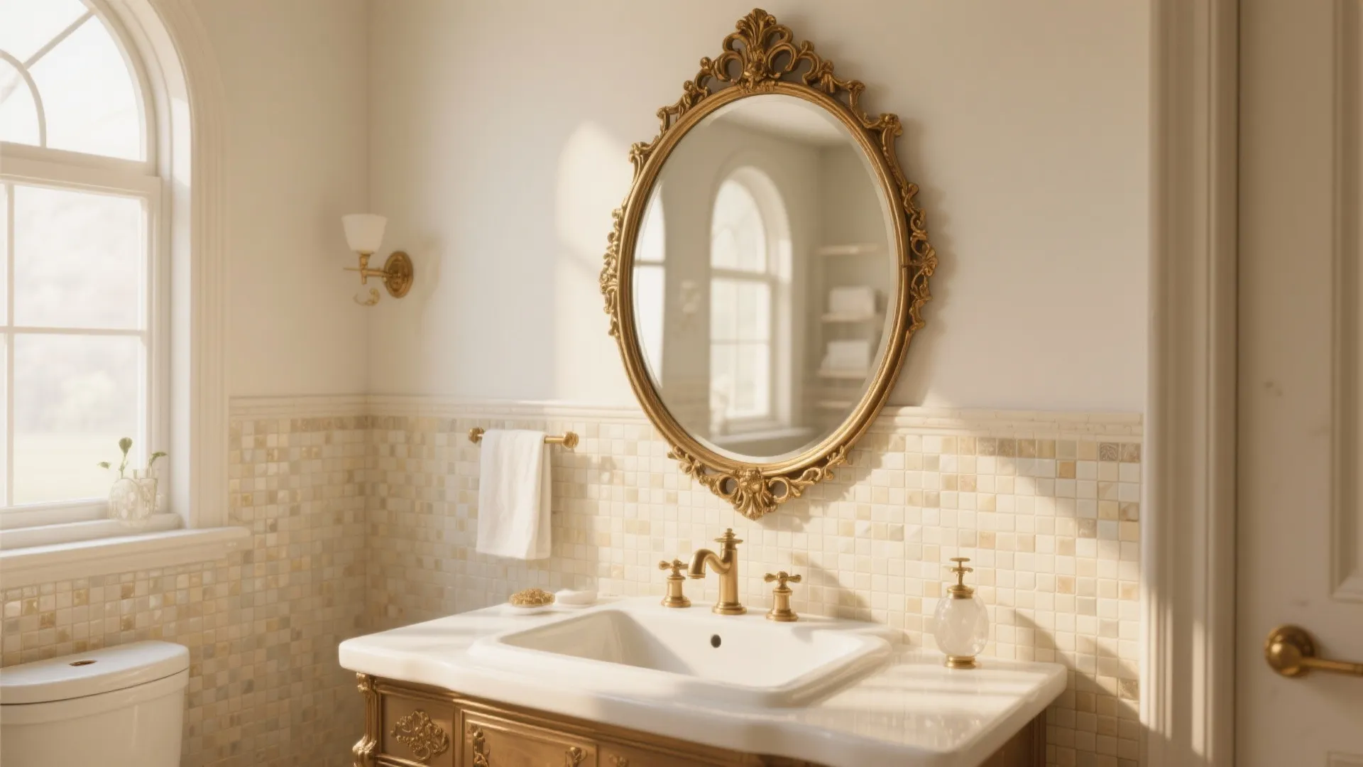 Elegant bathroom featuring gold oval mirror white sink brass faucet mosaic tiles and bright window