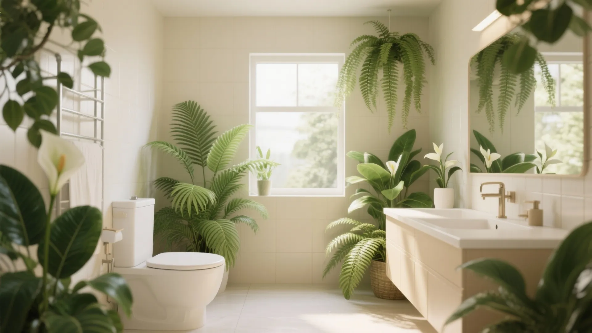 Bright cream bathroom filled with green indoor plants near a white toilet and wooden cabinet