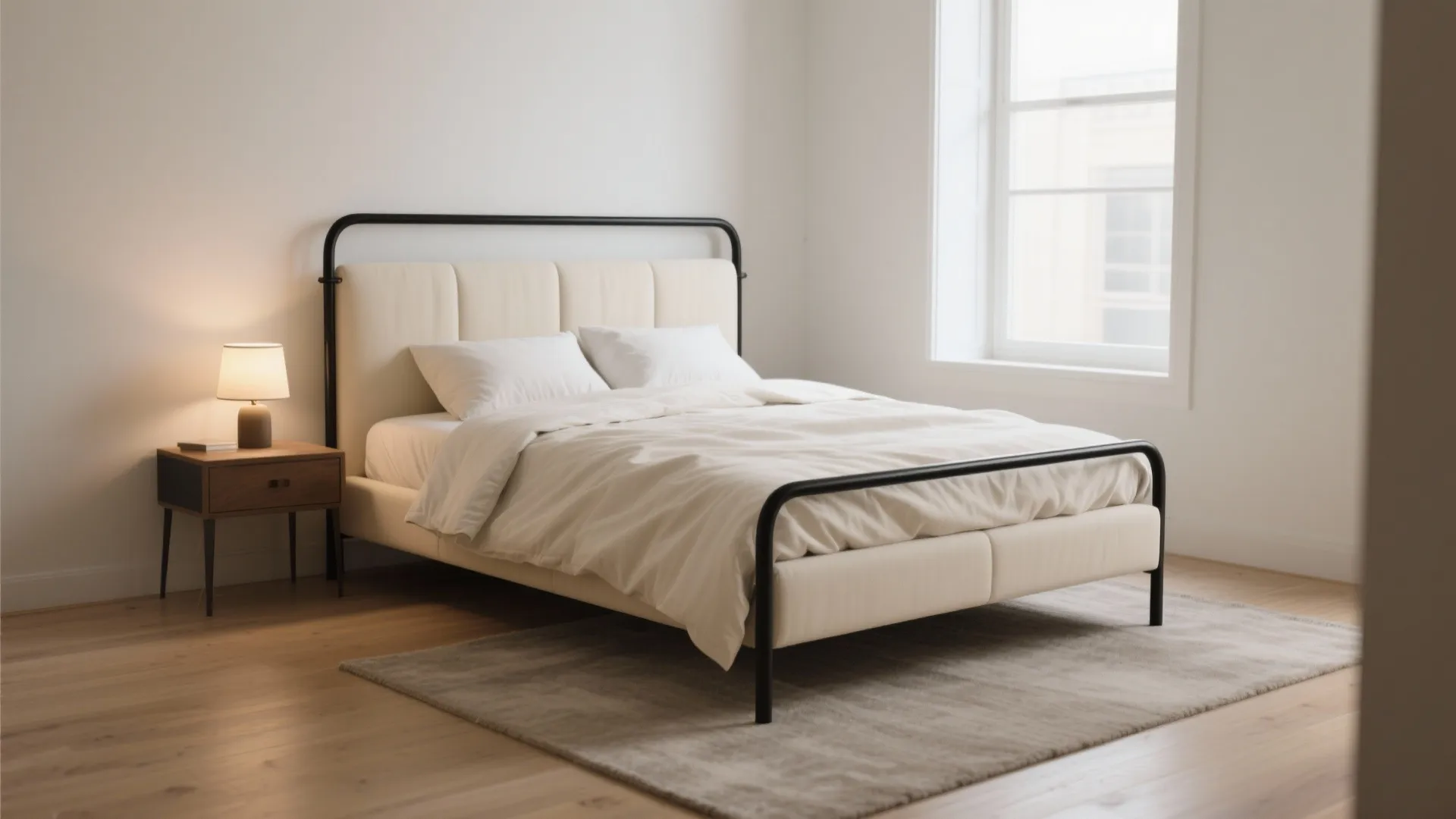 Cream upholstered bed with slim black metal frame in a small cozy bedroom with warm lighting.