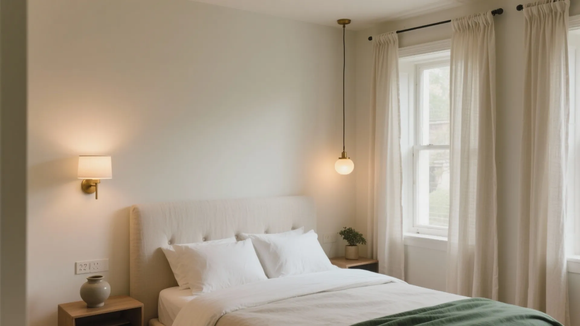 Neutral bedroom with upholstered headboard white bedding wall light hanging ceiling light and long cream curtains
