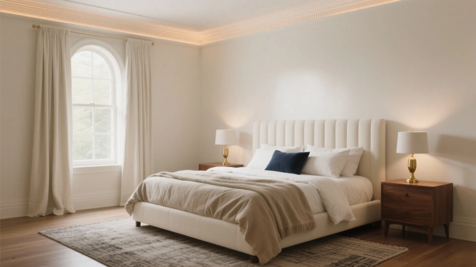 Elegant cream bedroom with arched window white curtains wooden side tables gold lamps and rug