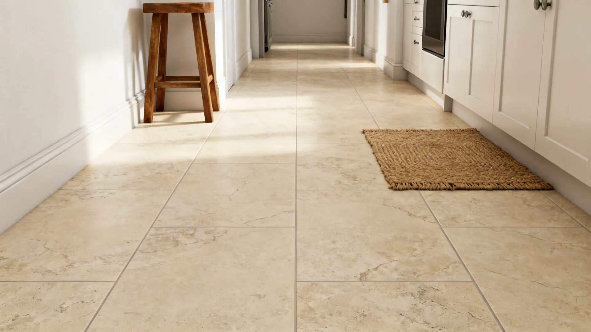 Corridor kitchen with matte cream-beige porcelain floor tiles and matching grout under soft daylight.