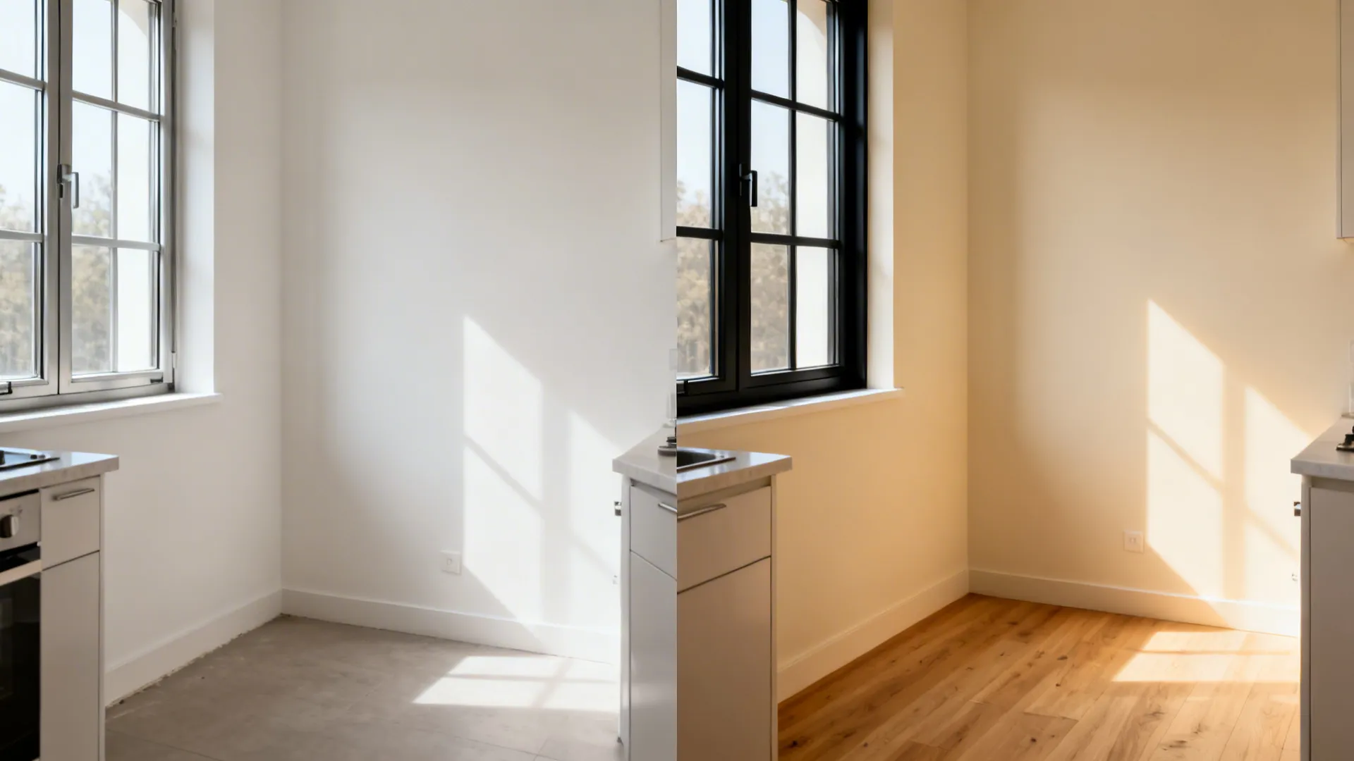 Before-and-after view showing white walls and plain frames transformed to cream walls and black window frames.