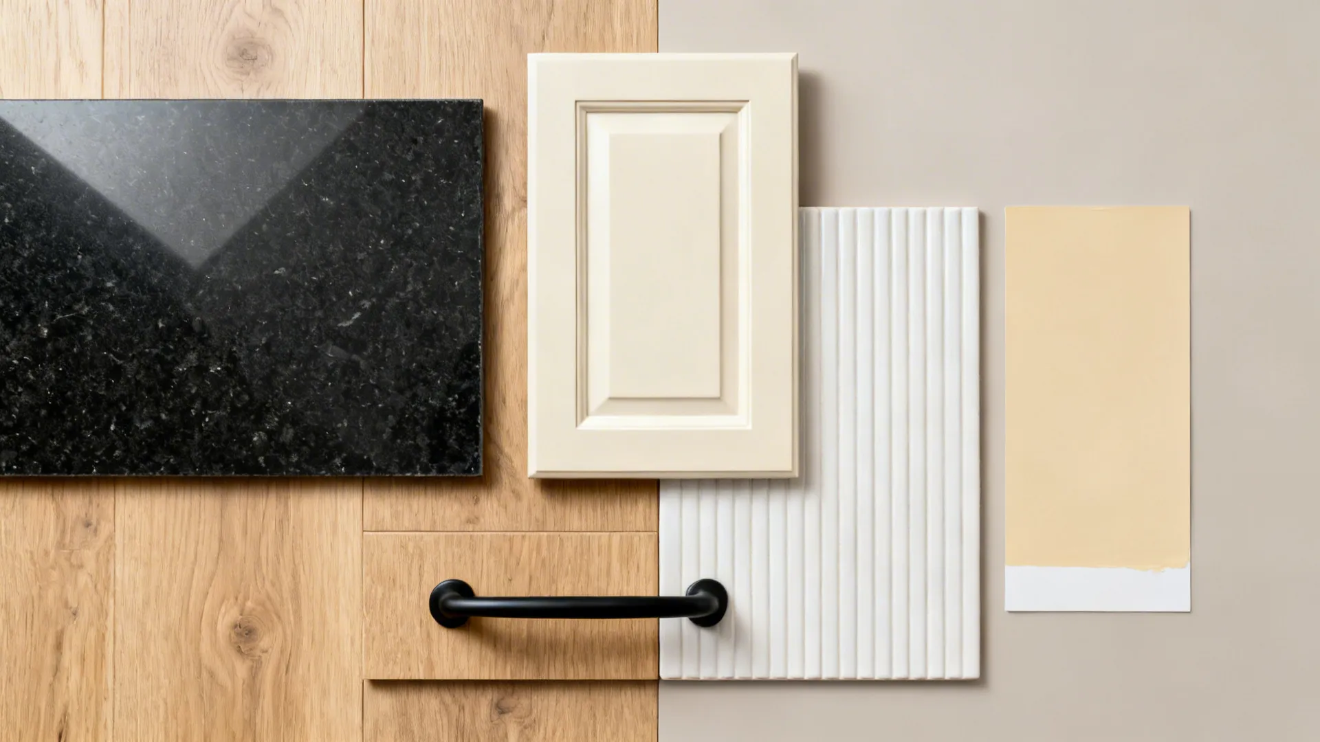 Top-down material flat lay with honed black quartz, cream shaker sample, oak floor, and black hardware.