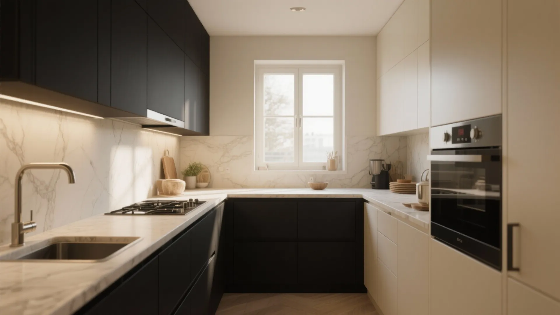 Modern kitchen design with black lower cabinets cream upper cabinets marble countertops and a window