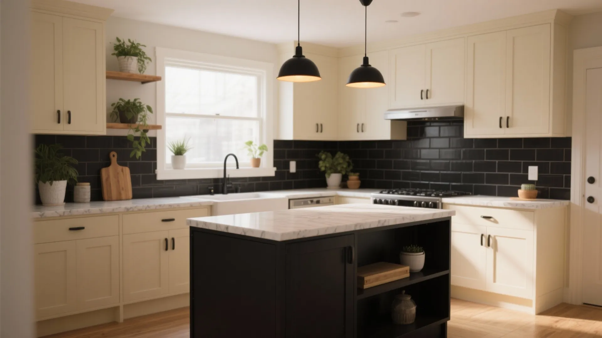 Modern cream kitchen with black tile backsplash marble countertop island and two black ceiling lights