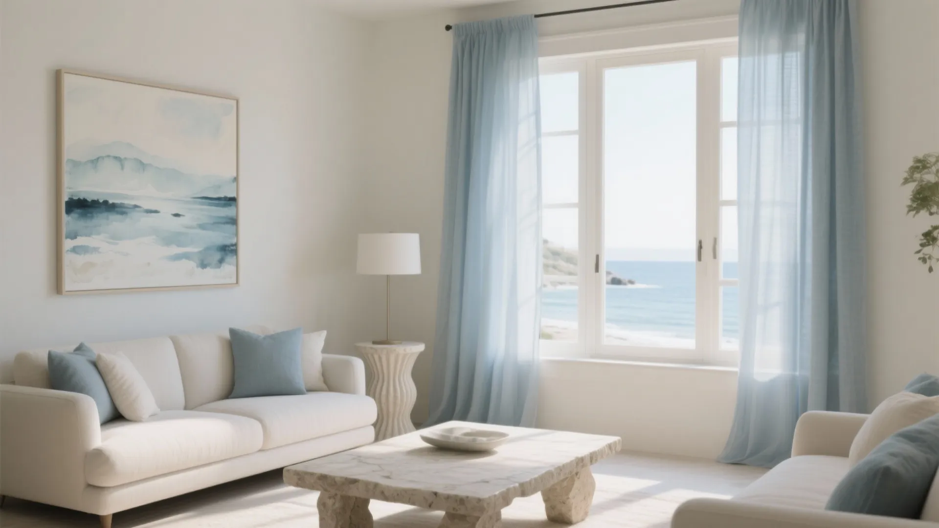 Bright living room featuring white sofa blue pillows stone coffee table and blue window curtains