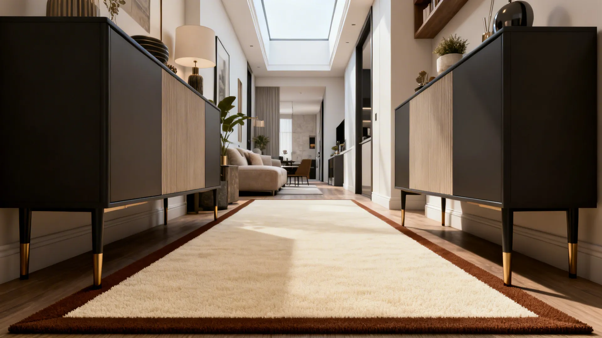 Open-plan living area with a low-pile cream rug edged in brown defining the seating zone.