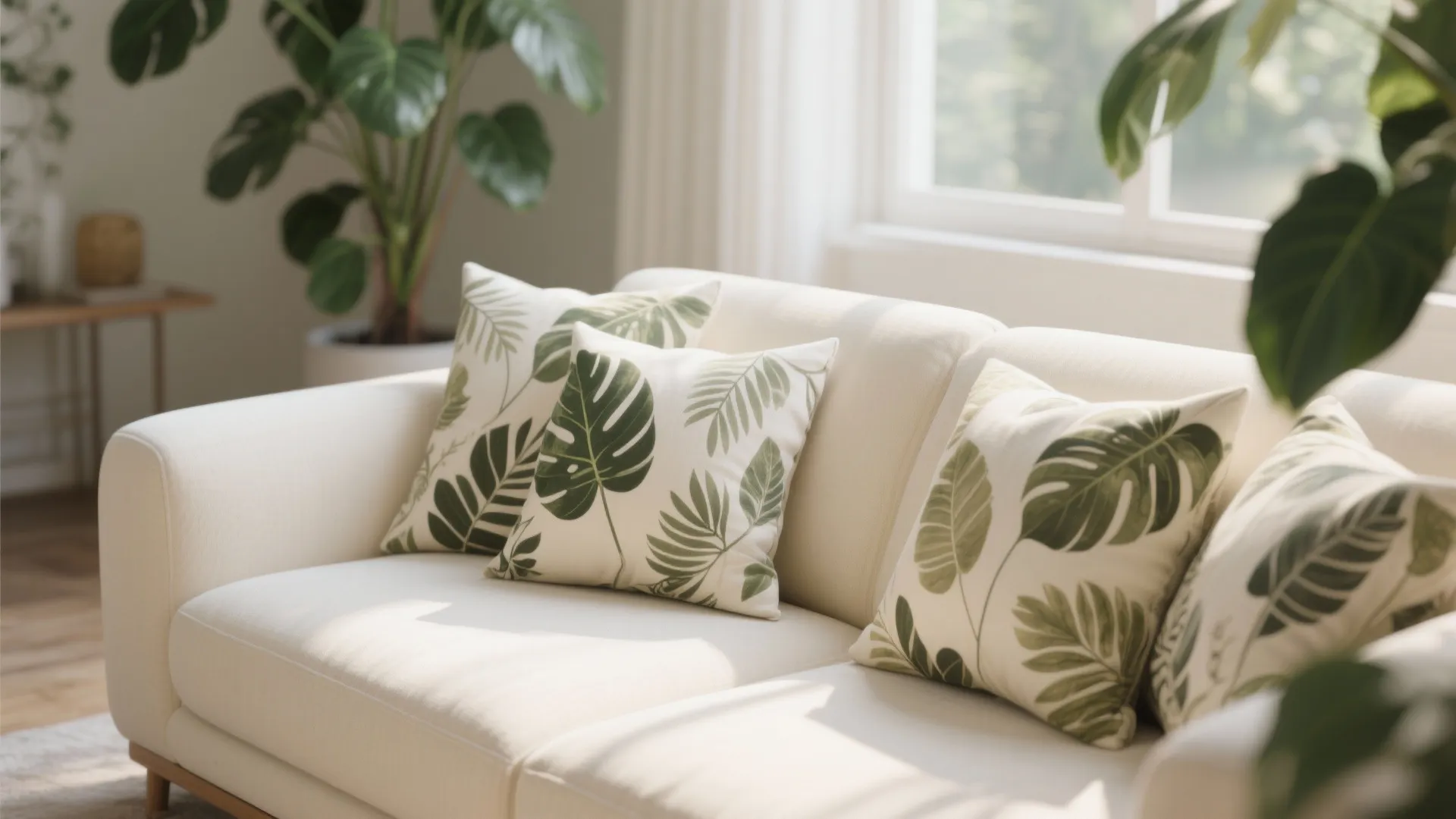 Cream sofa with green botanical print cushions
