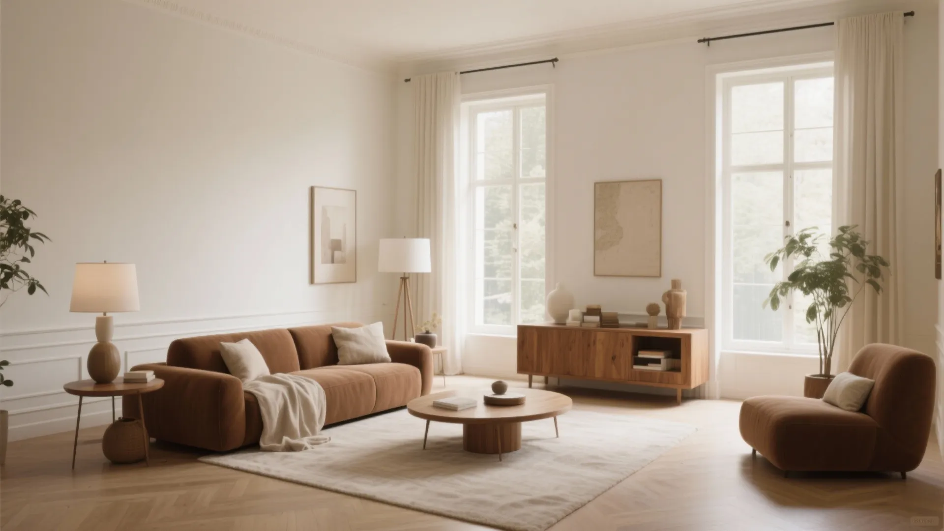 Minimalist living room with brown sofa wooden coffee table white rug and large windows with light