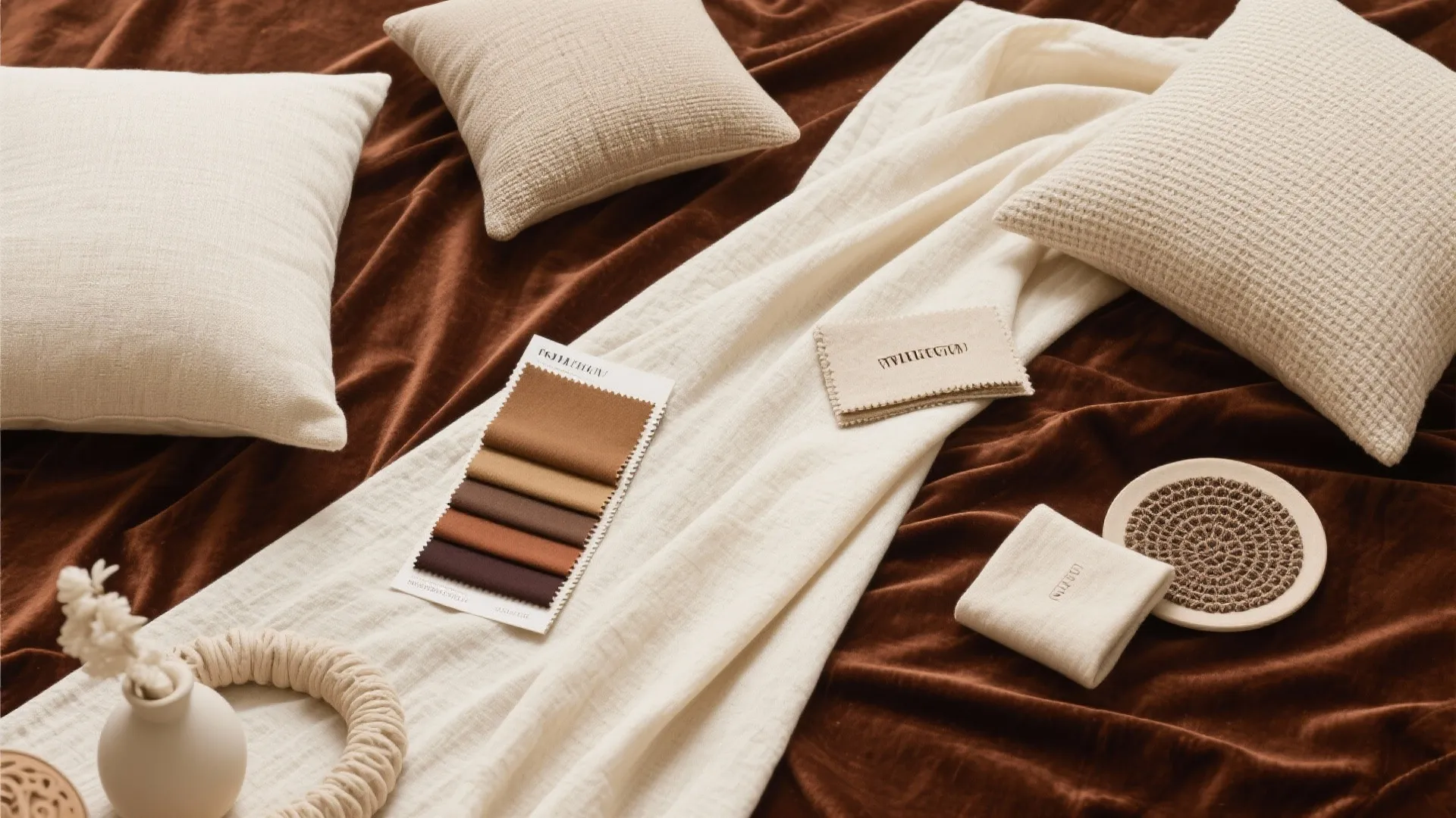 Flat lay of cream linen and brown velvet textiles for home decor
