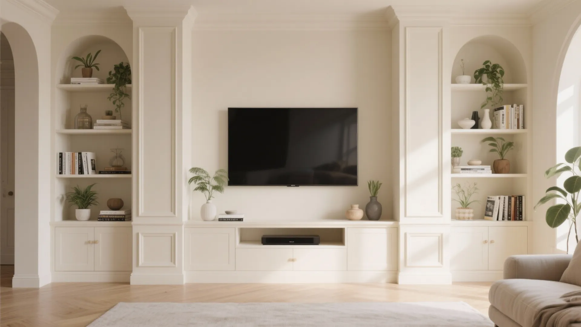 Cream wall unit with television surrounded by shelves holding green plants and books in living room