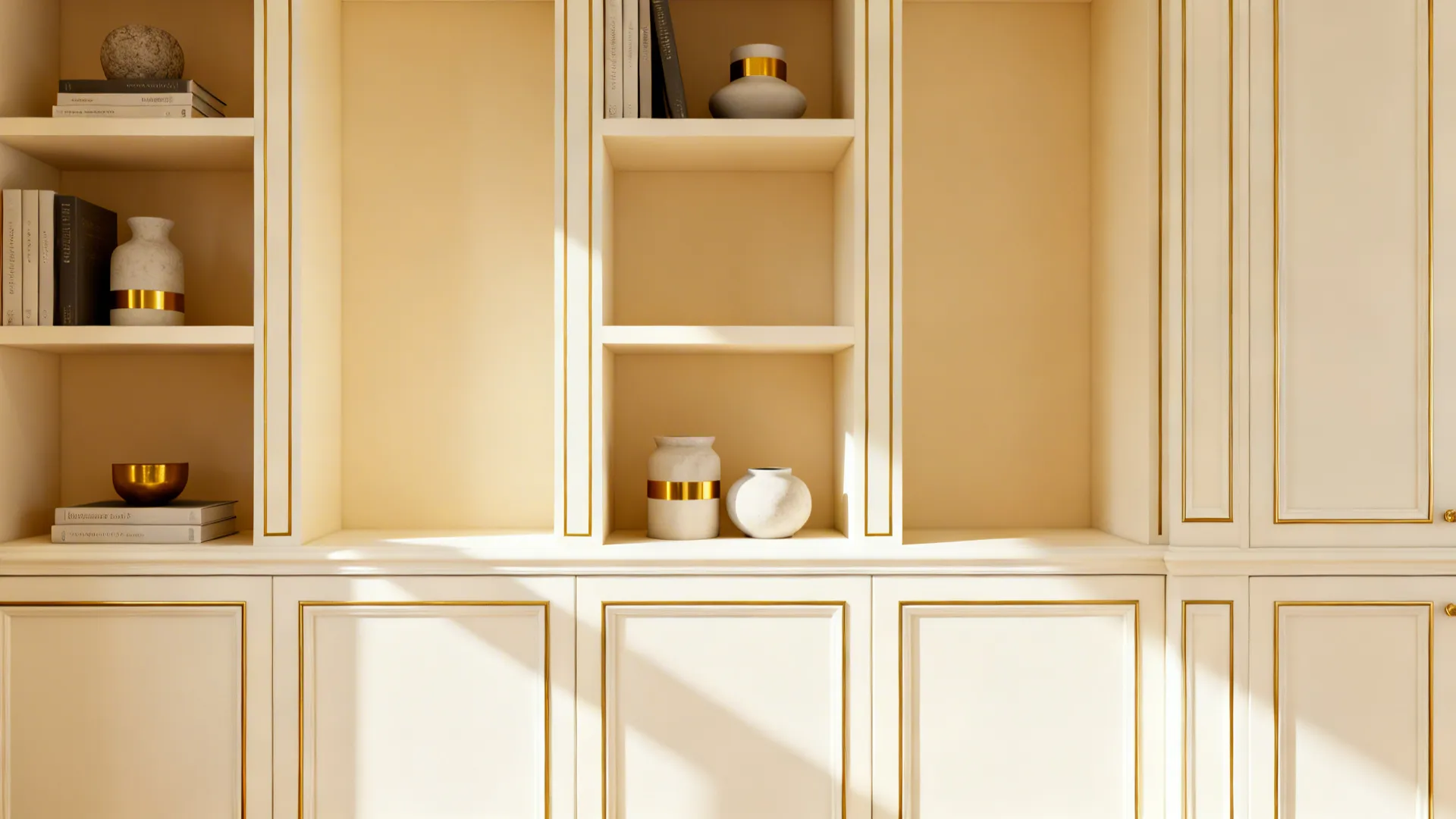 Built-in cream shelves with subtle thin gold trim and curated decor.