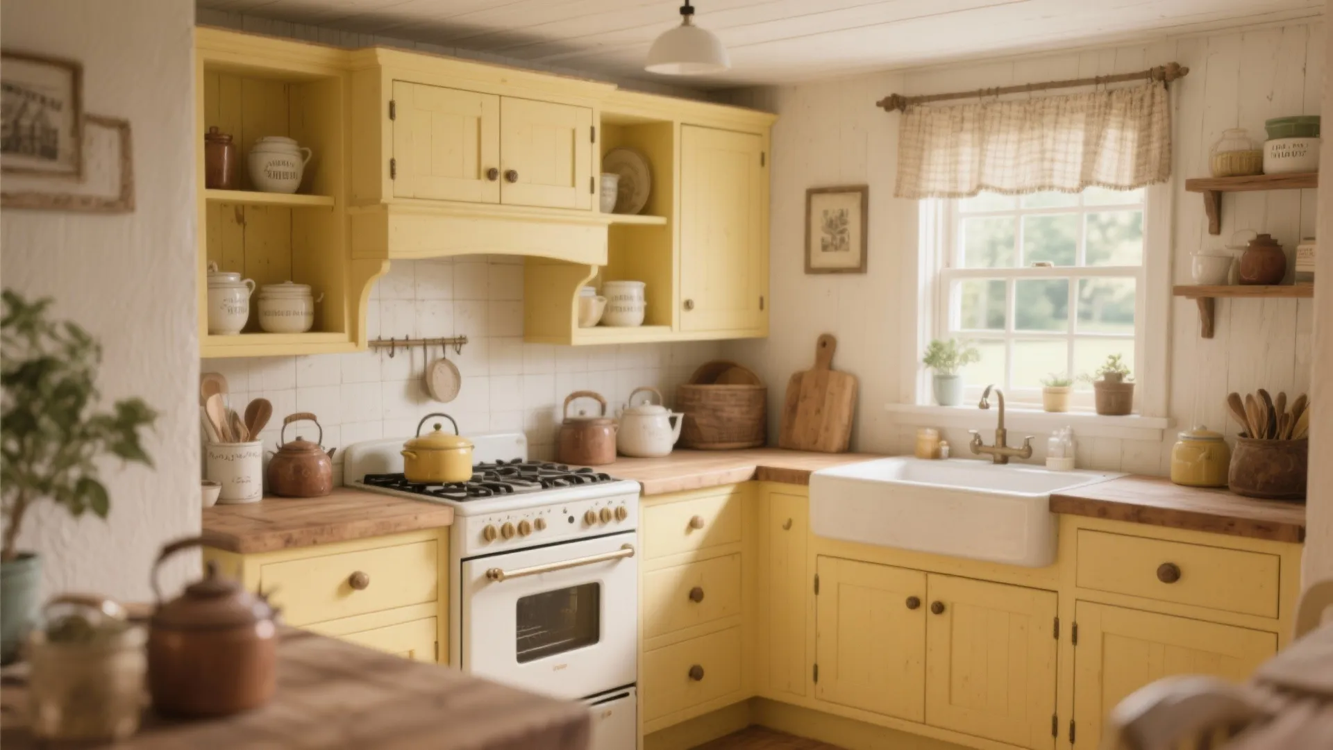 Cozy country kitchen with yellow cabinets, wooden countertops, white stove, farmhouse sink, and checkered curtain