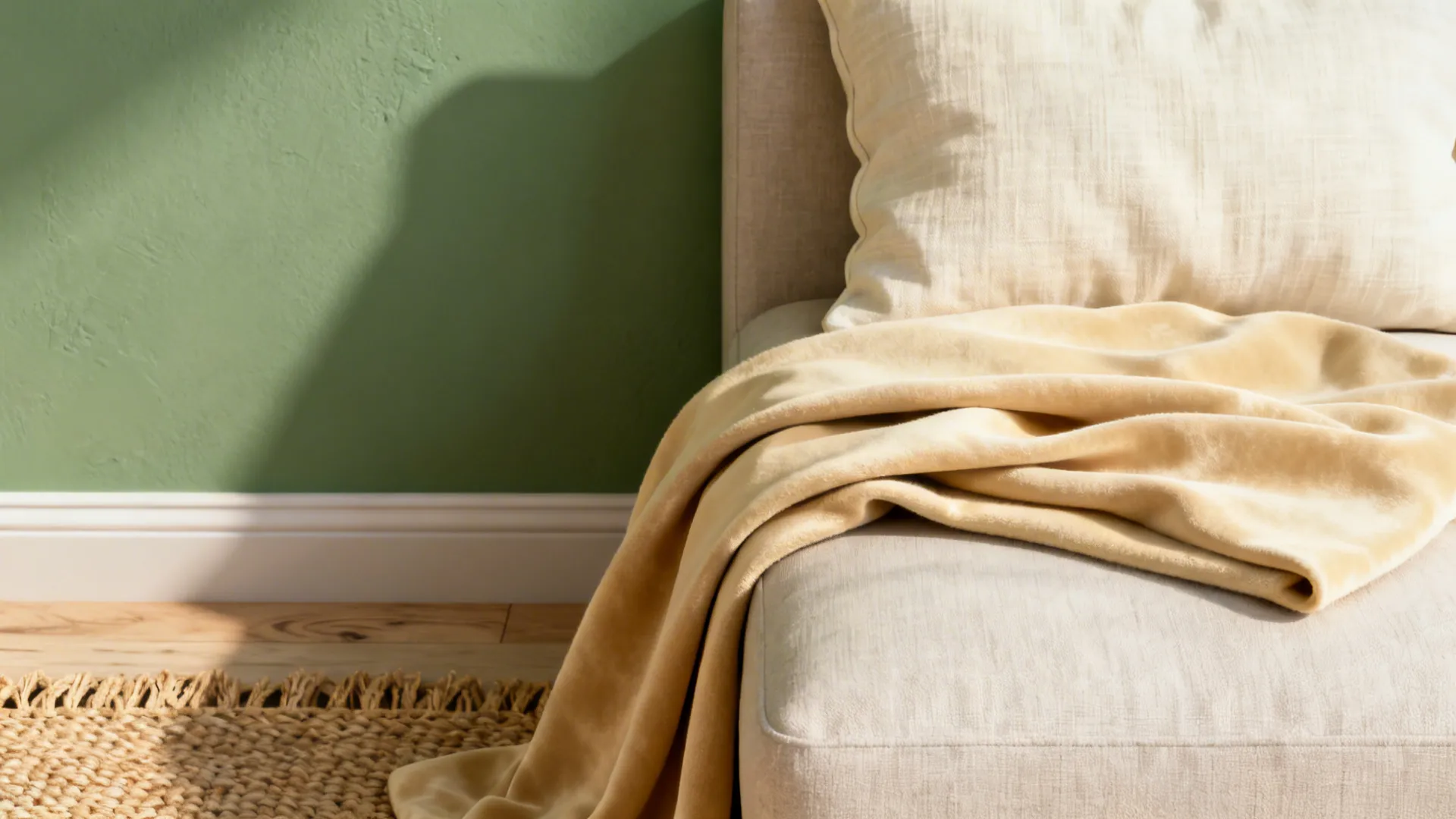 Close-up of sage wall, warm cream linen cushion and woven rug texture