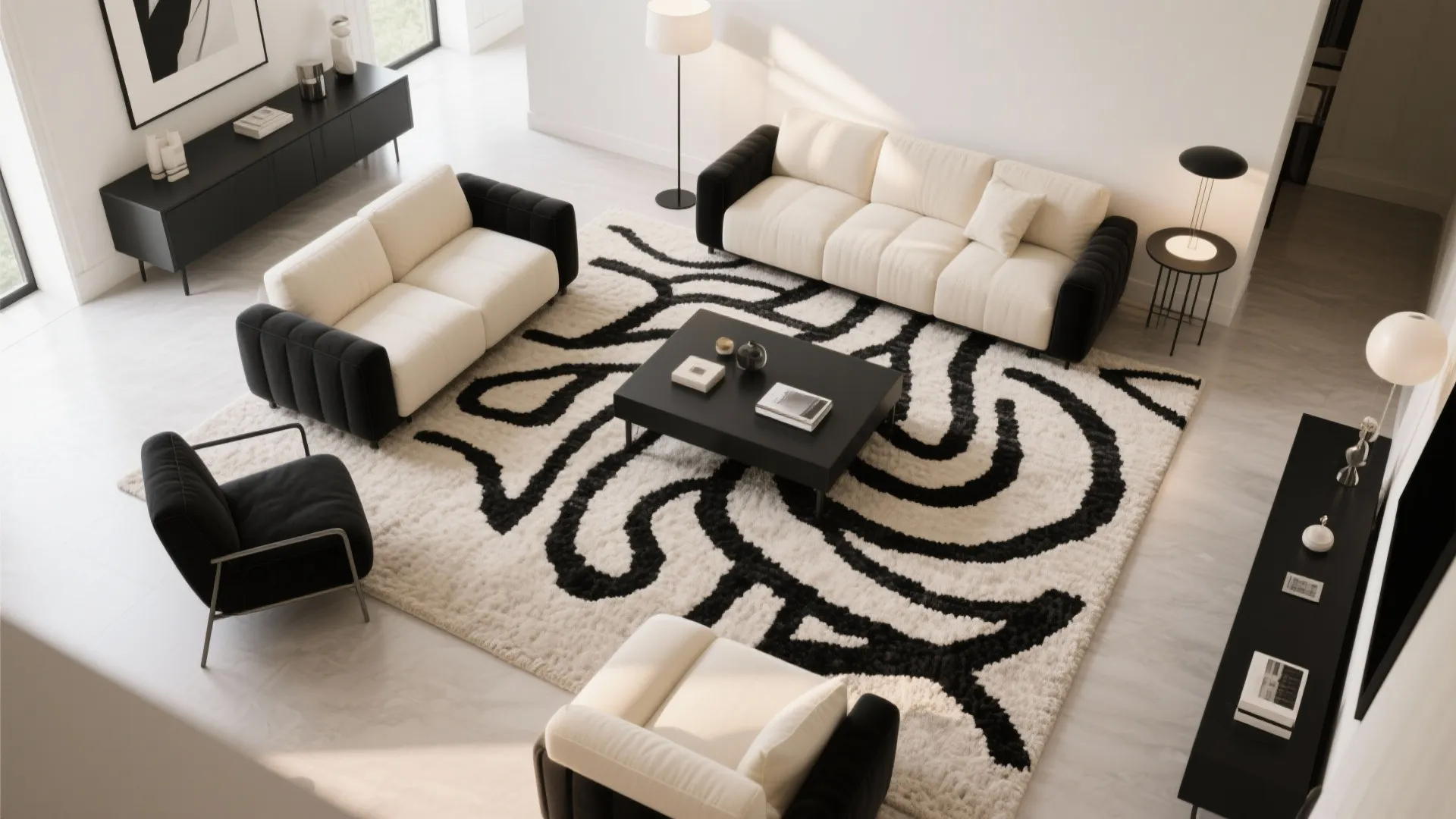 Cream Carpeting with Black Statement Rug