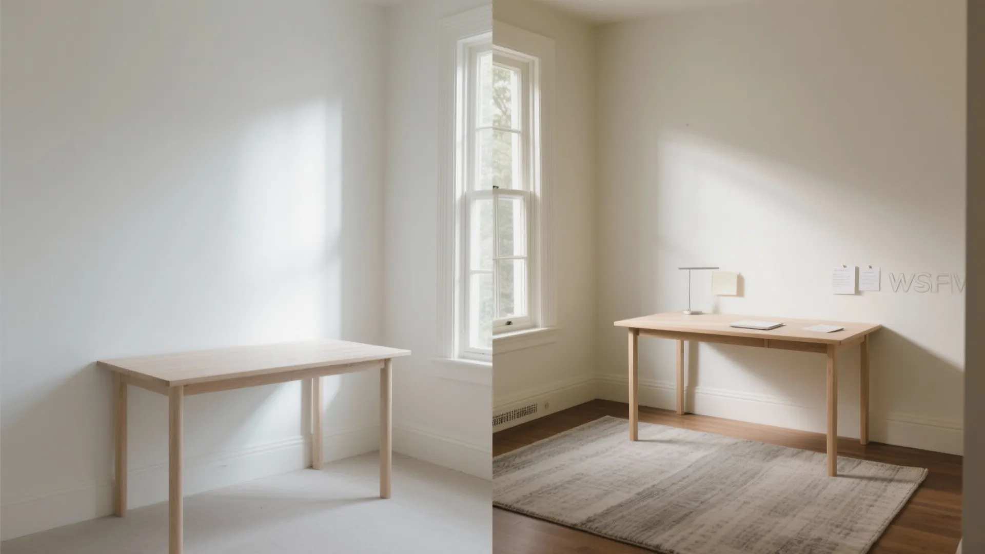Side by side comparison of a minimalist wooden desk in empty and decorated home office