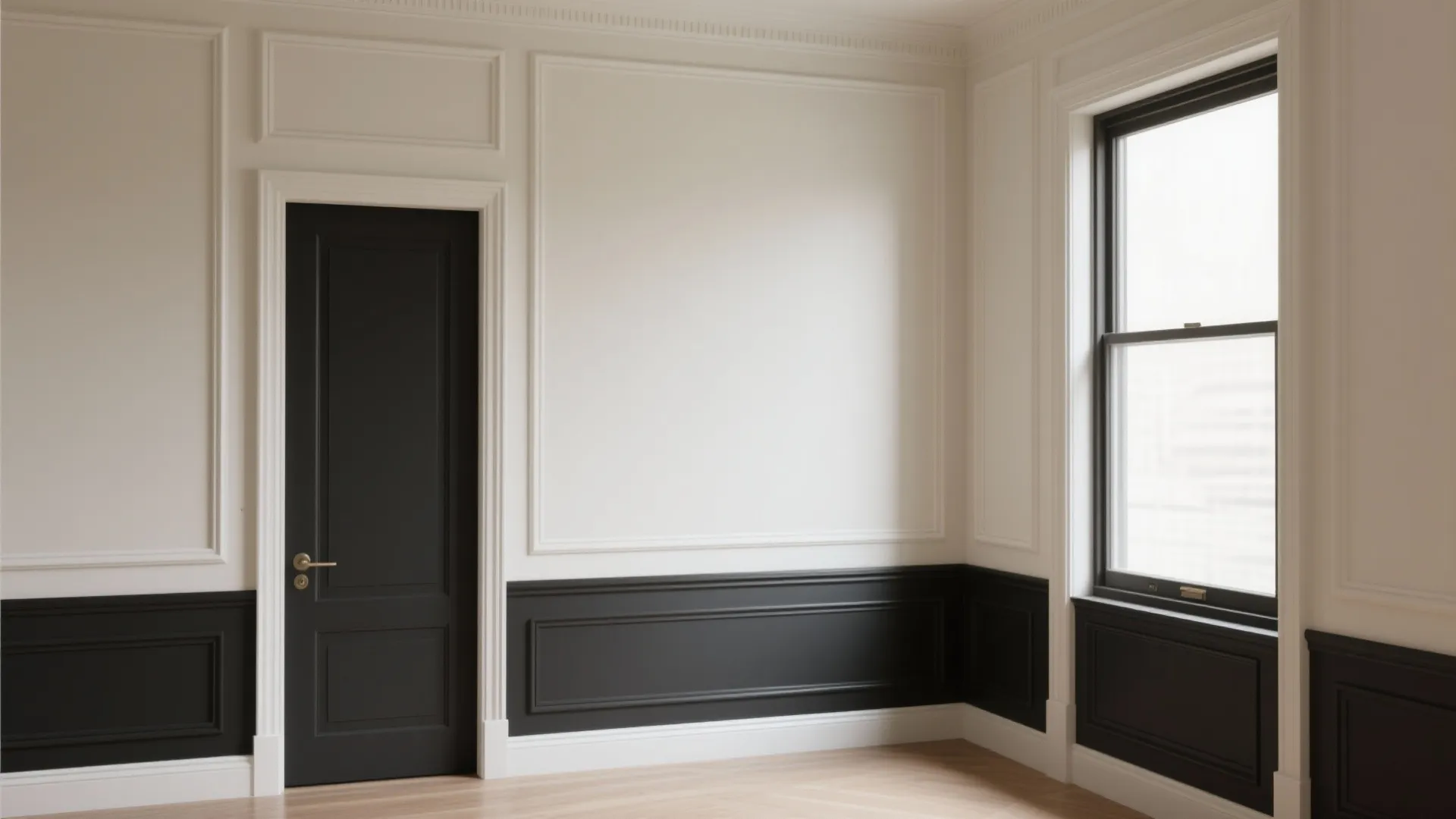 Cream wall with crisp charcoal and white trim highlighting moldings and doors