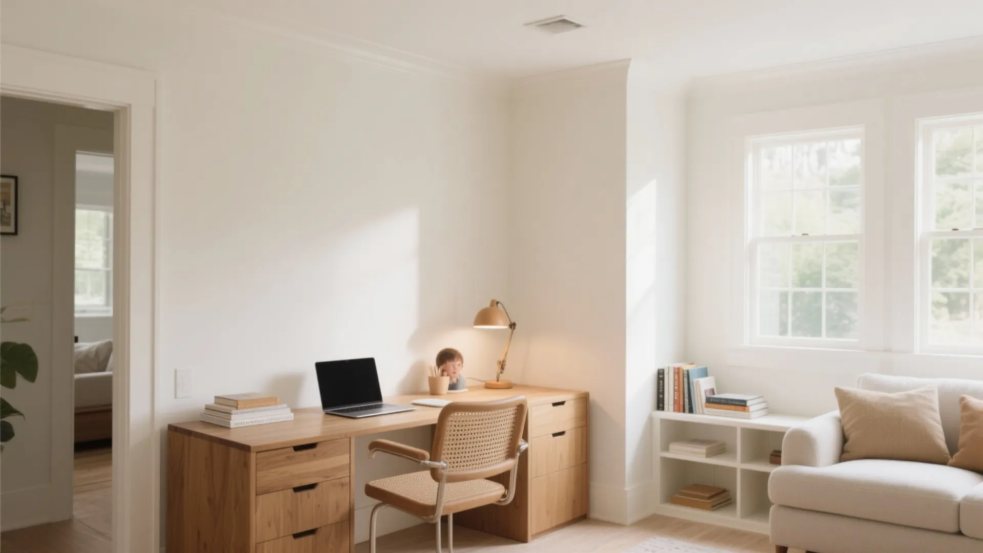 Minimalist study area featuring wooden desk laptop chair white bookshelf sofa and large bright windows